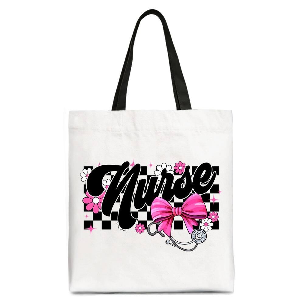 Front. OrnamentallyYou - Nurse Floral Coquette Pink Bow Canvas Tote Bag, Retro Stethoscope Checkered Coworker Gift - White Black.