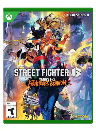 The text on the image is grouped and corrected as follows:
"Street Fighter XBX Series X - Years 1-2 Fighters Edition - Teen Adolescents - ESRB - Capcom" - T (Teen 13+)