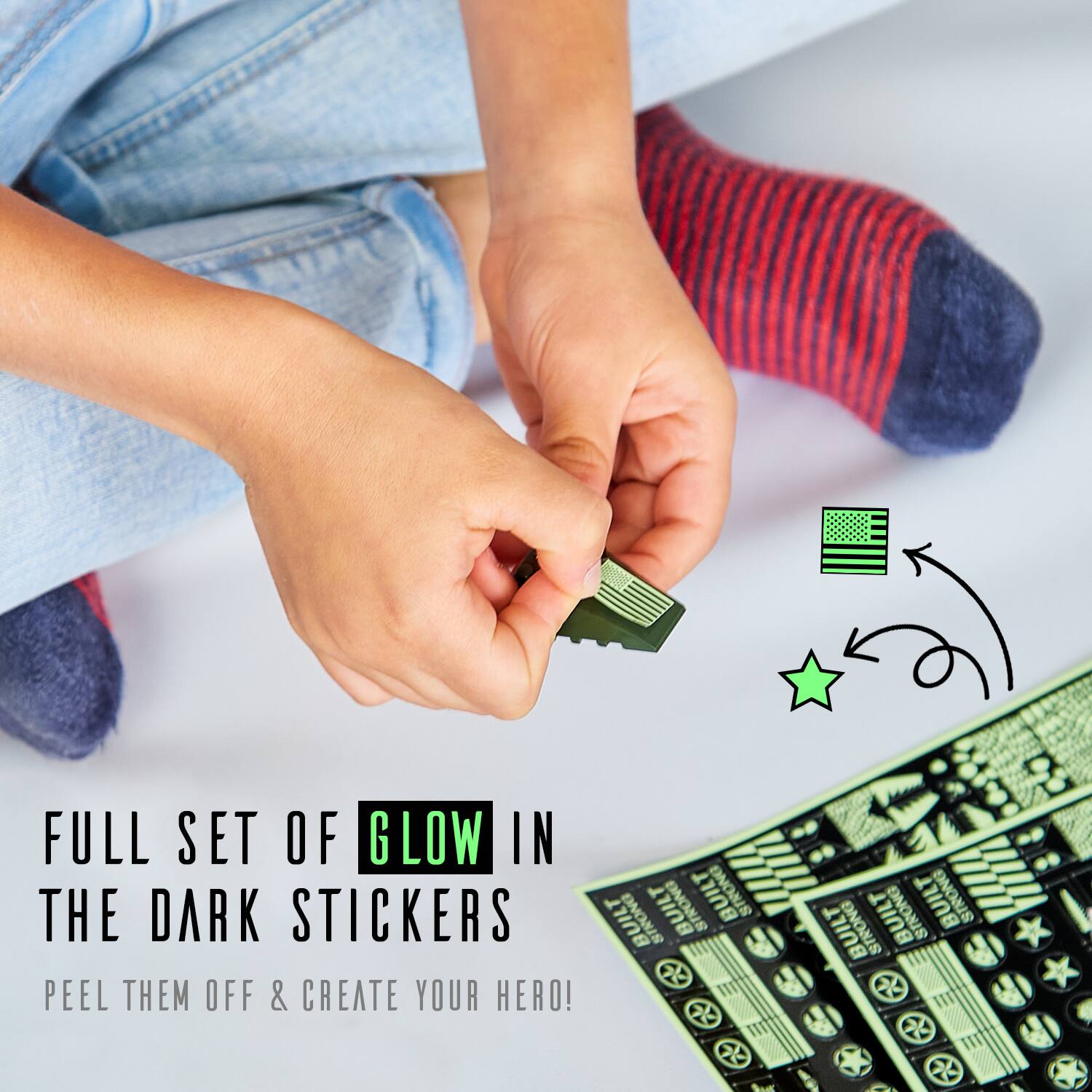 FULL SET OF GLOW IN THE DARK STICKERS  
PEEL THEM OFF & CREATE YOUR HERO!