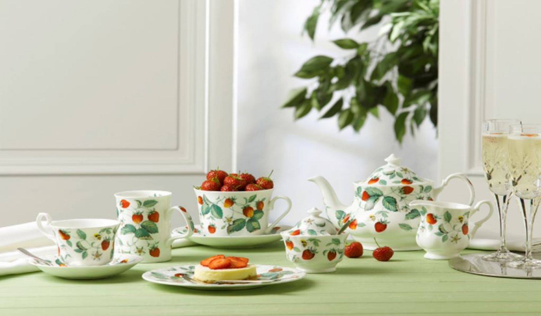 Left. Jiallo - Roy Kirkham Louise Mug - Alpine Strawberry Set of 6, Bone China Ceramic Made in England - Mutli color.