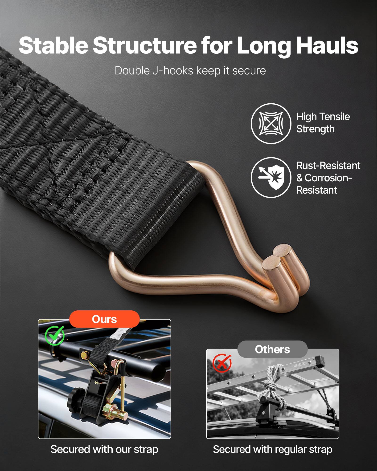 Stable Structure for Long Hauls  
Double J-hooks keep it secure  

High Tensile Strength  
Rust-Resistant & Corrosion-Resistant  

Ours  
Secured with our strap  

Others  
Secured with regular strap