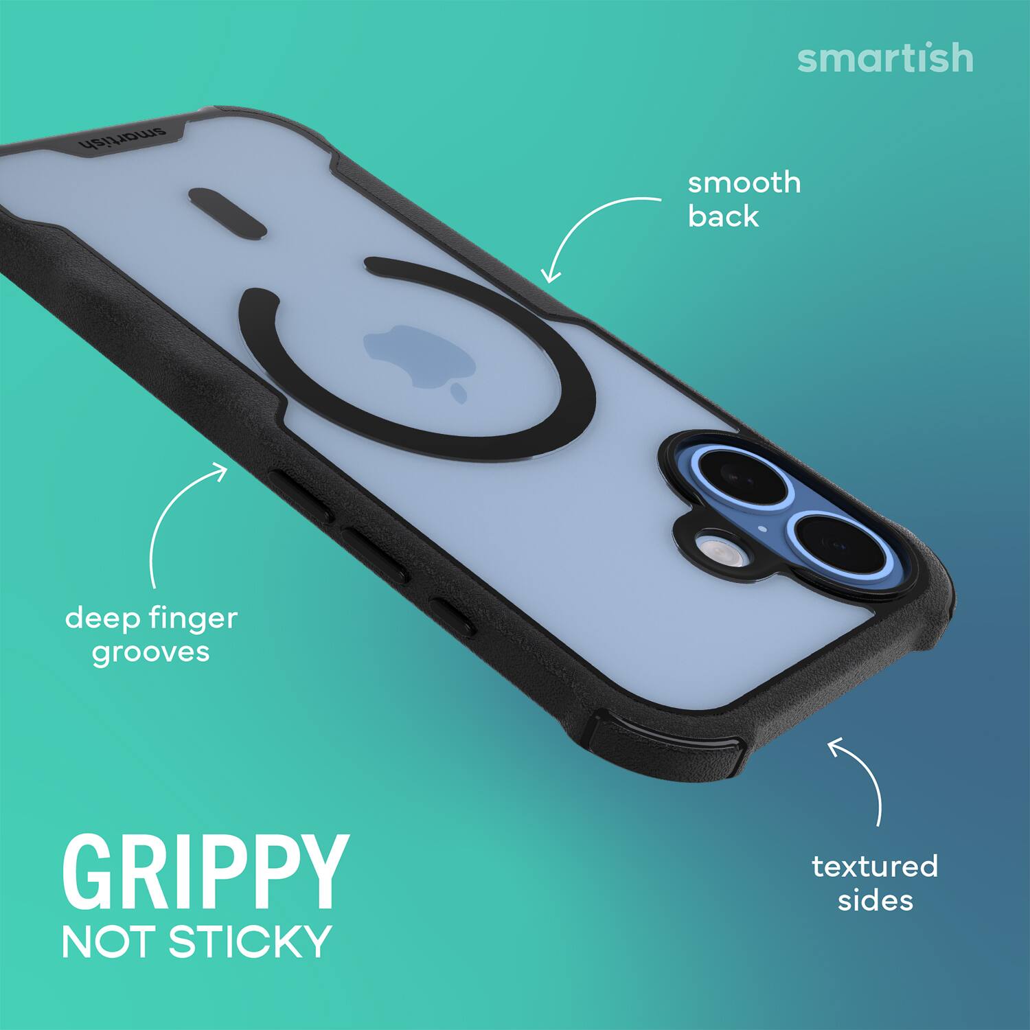 smartish  
smooth back  
deep finger grooves  
textured sides  
GRIPPY NOT STICKY