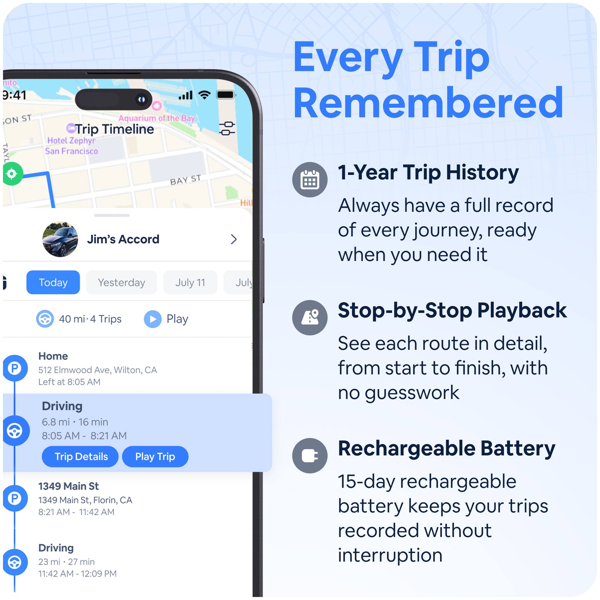 **Every Trip Remembered**

- **1-Year Trip History**
  - Always have a full record of every journey, ready when you need it

- **Stop-by-Stop Playback**
  - See each route in detail, from start to finish, with no guesswork

- **Rechargeable Battery**
  - 15-day rechargeable battery keeps your trips recorded without interruption

---

**Trip Timeline**

- **Jim's Accord**
  - Today
  - Yesterday
  - July 11
  - July 12

- **40 mi. - 4 Trips**
  - Play

- **Home**
  - 512 Elmwood Ave, Wilton, CA
  - Left at 8:05 AM

- **Driving**
  - 6.8 mi. - 16 min
  - 8:05 AM - 8:21 AM
  - Trip Details
  - Play Trip

- **1349 Main St**
  - 1349 Main St, Florin, CA
  - 8:21 AM - 11:42 AM

- **Driving**
  - 23 mi. - 