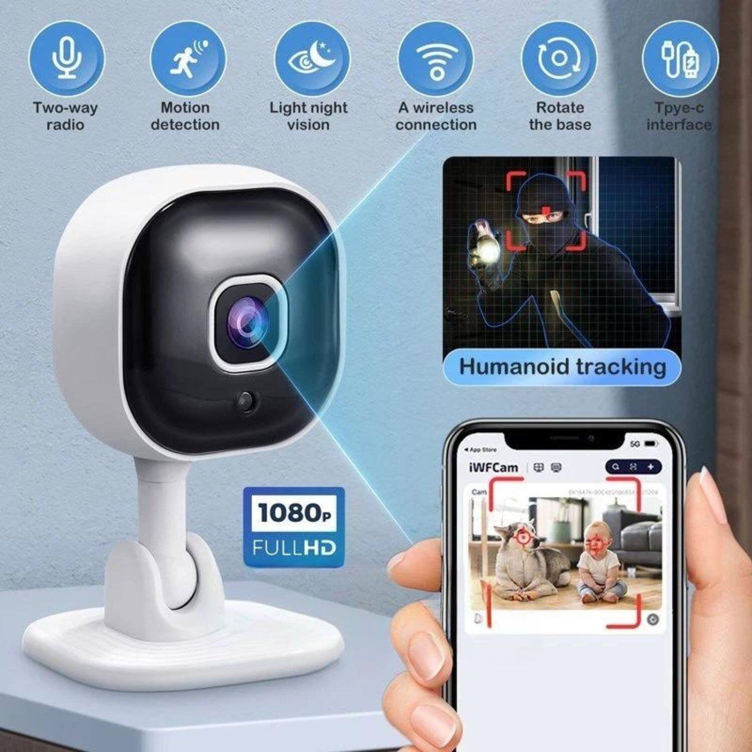 - Two-way radio
- Motion detection
- Light night vision
- A wireless connection
- Rotate the base
- Type-c interface
- Humanoid tracking
- 1080P FULLHD
- iWFCam