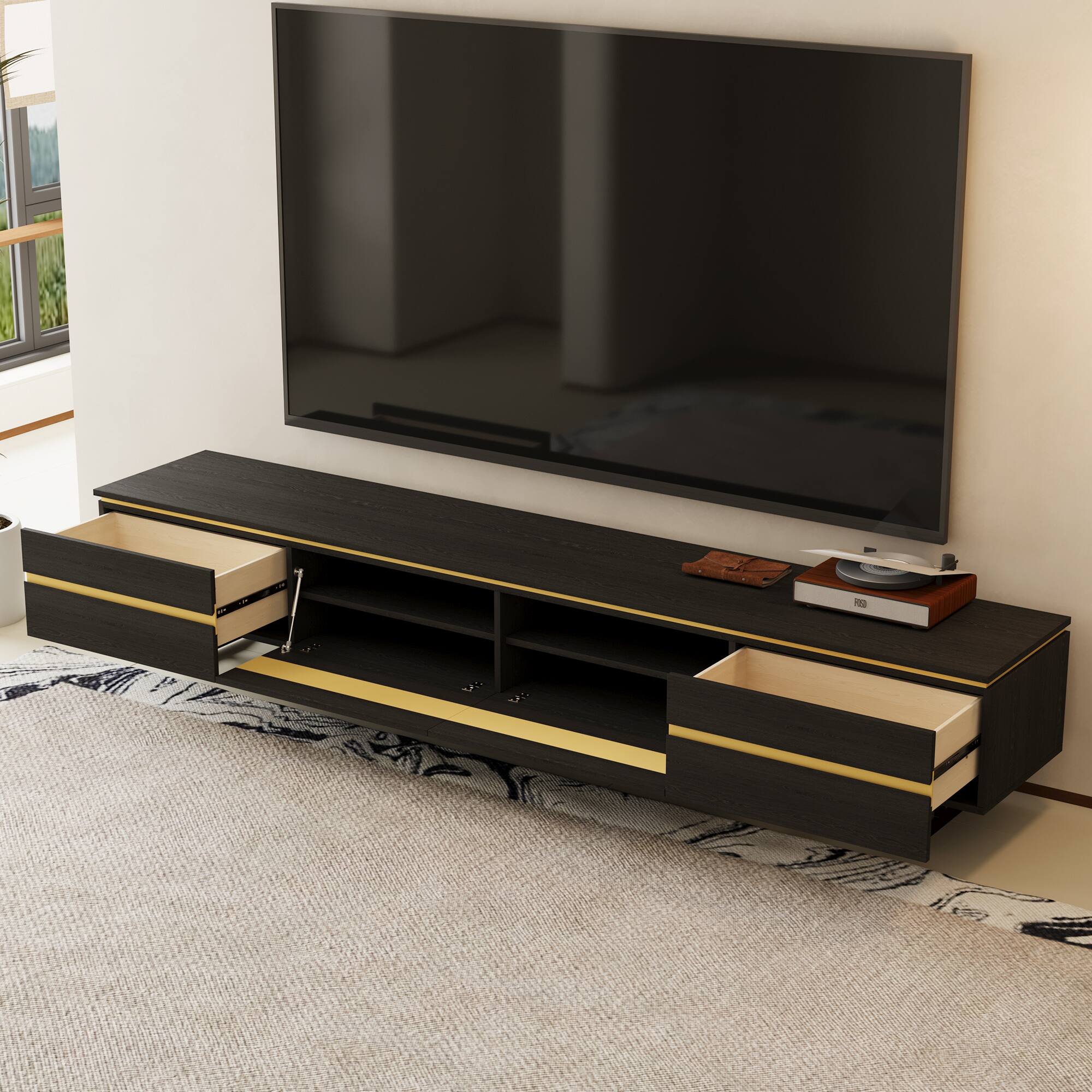 Left. luck idea - 86.61" Media Console TV Stand with Hidden Drawers, Enclosed Cabinets & Cable Management - Black.