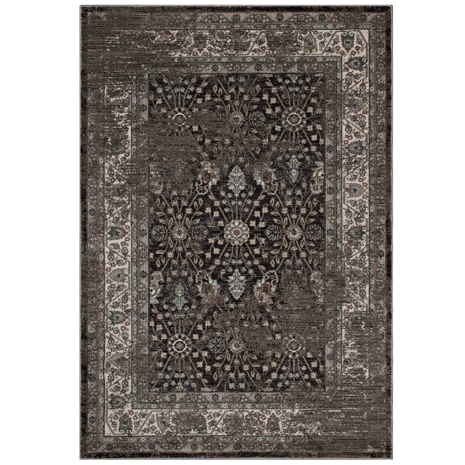 Angle. Modway - Berit Distressed Vintage Floral Lattice Area Rug - Brown and Beige.