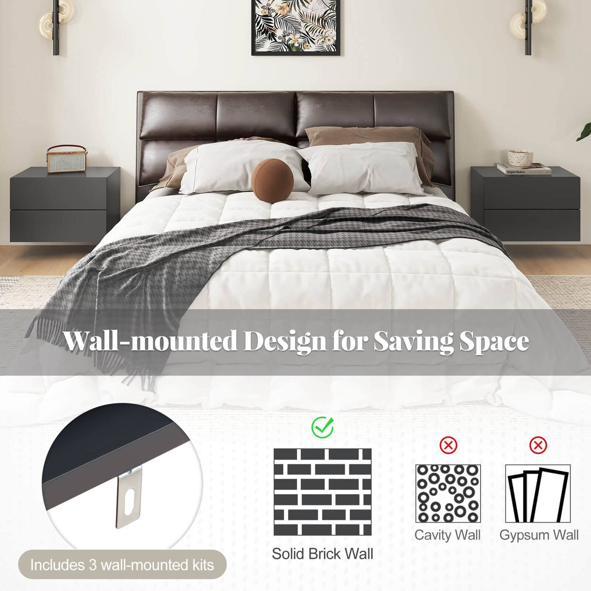 The image features a bedroom with a bed and a nightstand. The bed has a white comforter and is positioned between two nightstands. The room also includes a dresser and a potted plant. The image is advertising a wall-mounted design for saving space, which includes three wall-mounted kits: solid brick wall, cavity wall, and gypsum wall.