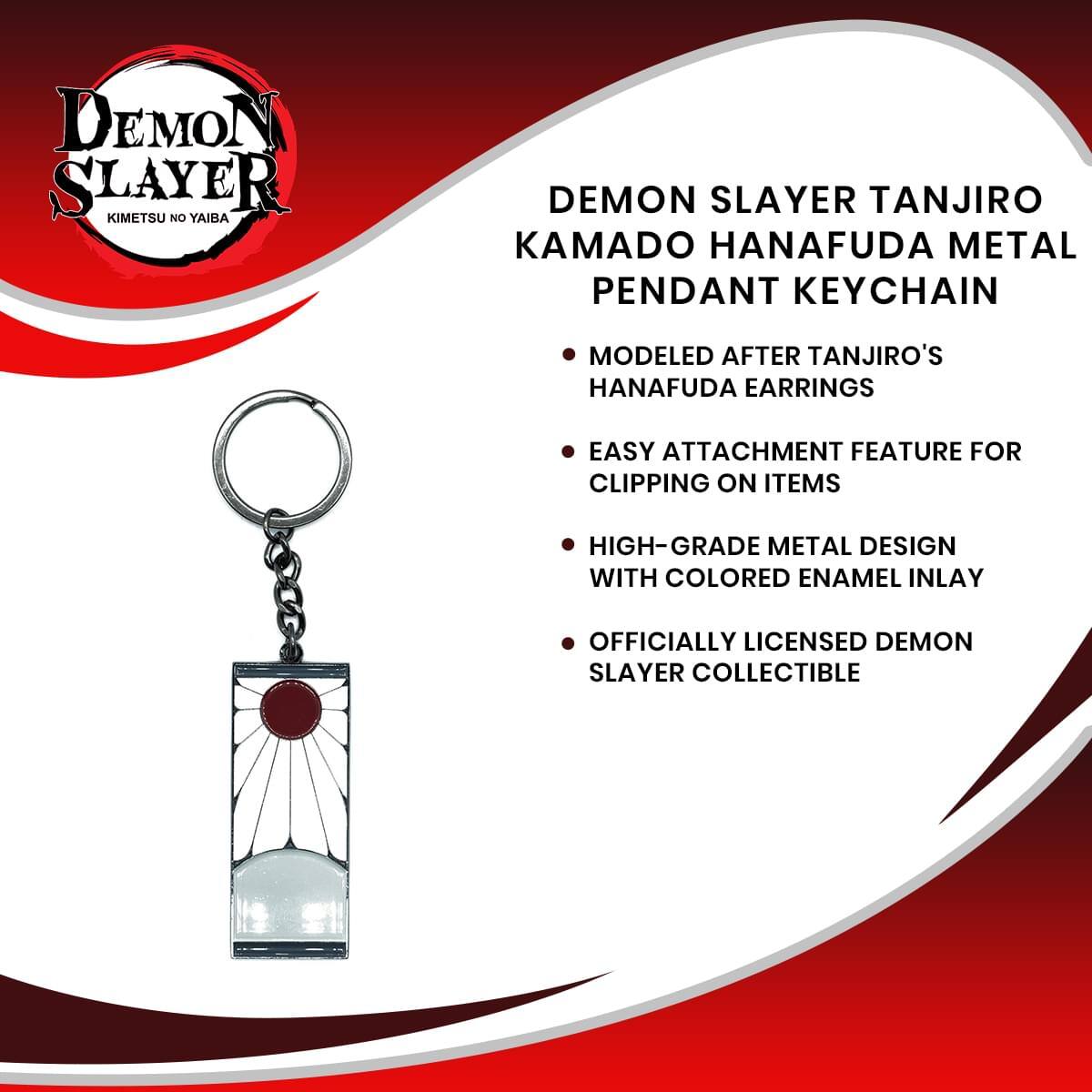 **Demon Slayer Kimetsu no Yaiba**

**Demon Slayer Tanjiro Kamado Hanafuda Metal Pendant Keychain**

- Modeled after Tanjiro's Hanafuda earrings
- Easy attachment feature for clipping on items
- High-grade metal design with colored enamel inlay
- Officially licensed Demon Slayer collectible