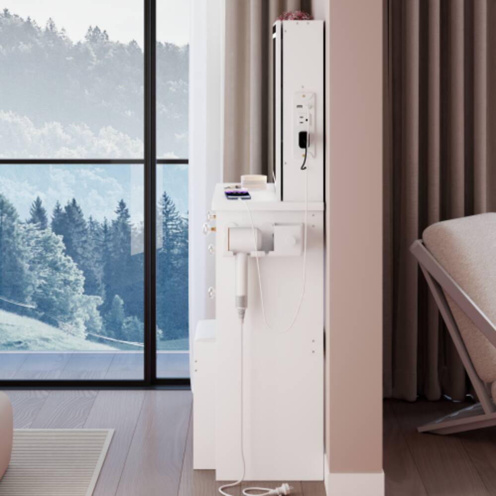 Alt View 5. LUCKY ONE - 37in Vanity Set with Touch Control LED Sliding Mirror, 2AC+2USB, Hair Dryer Stand and Stool - White.