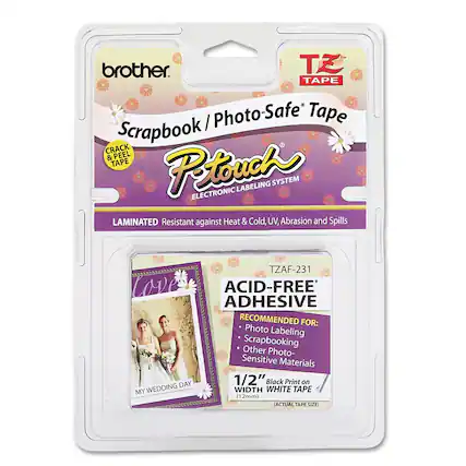 - **Brand:** brother
- **Product:** TZ Tape / Photo-Safe Tape
- **Type:** Scrapbook / Photo-Safe Tape
- **Labeling System:** P-touch Electronic Labeling System
- **Features:**
- Crack & Peel Tape
- Laminated
- Resistant against Heat & Cold, UV, Abrasion, and Spills
- **Model:** TZAF-231
- **Adhesive:** Acid-Free
- **Recommended For:**
- Photo Labeling
- Scrapbooking
- Other Photo-Sensitive Materials
- **Tape Details:**
- 1/2" (12mm) Black Print on White Tape
- Actual Tape Size
- **Example Label:** "MY WEDDING DAY"