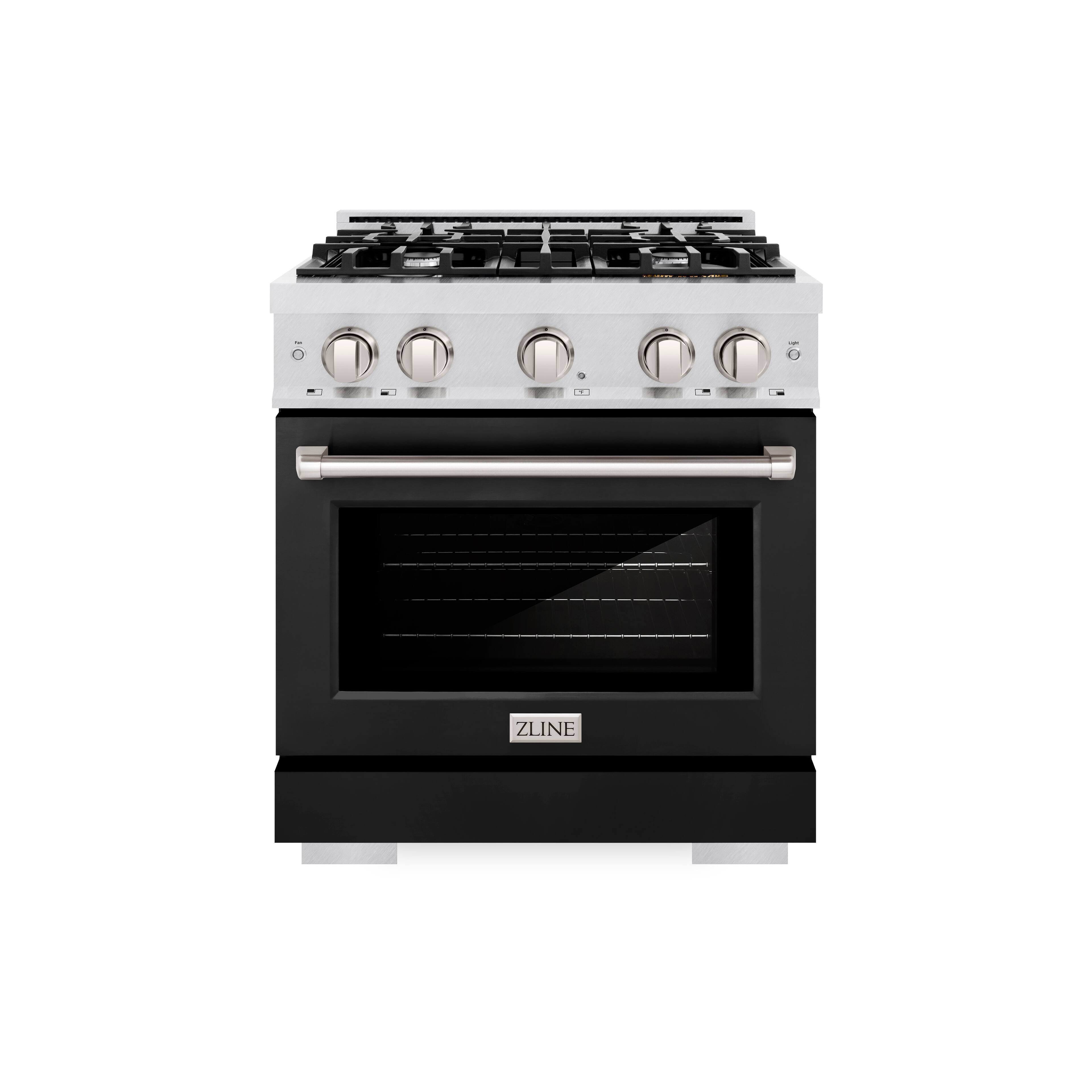 Left. ZLINE - ZLINE 30 in. Select Dual Fuel Satin Steel Range with 4 Burner Cooktop (HDRS-BLM-30) - White Matte.