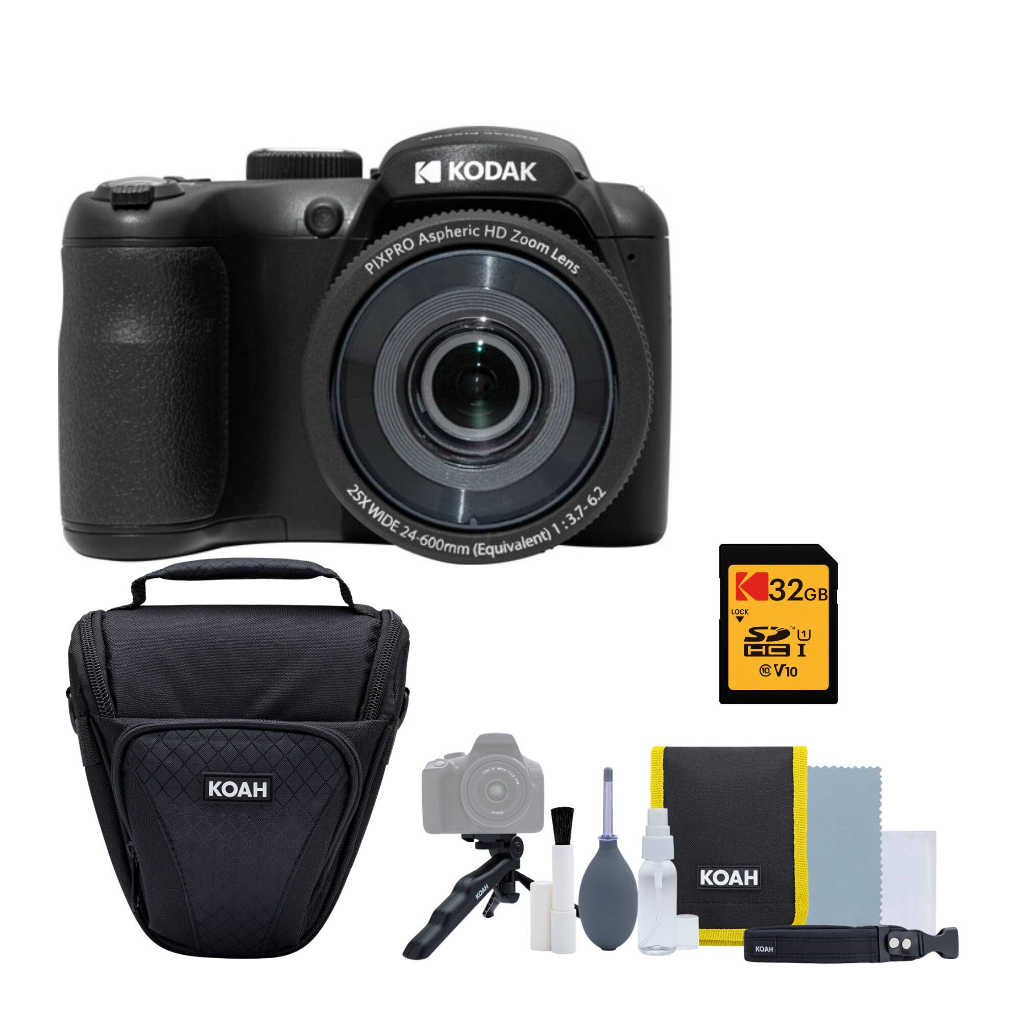The image features a Kodak camera with a lens and a memory card. The camera is accompanied by a pouch, a lens cap, a cleaning cloth, and a memory card. The camera is designed for high-definition photography and has a wide-angle lens with a 25x zoom capability. The memory card is 32GB in size, providing ample storage for photos and videos.