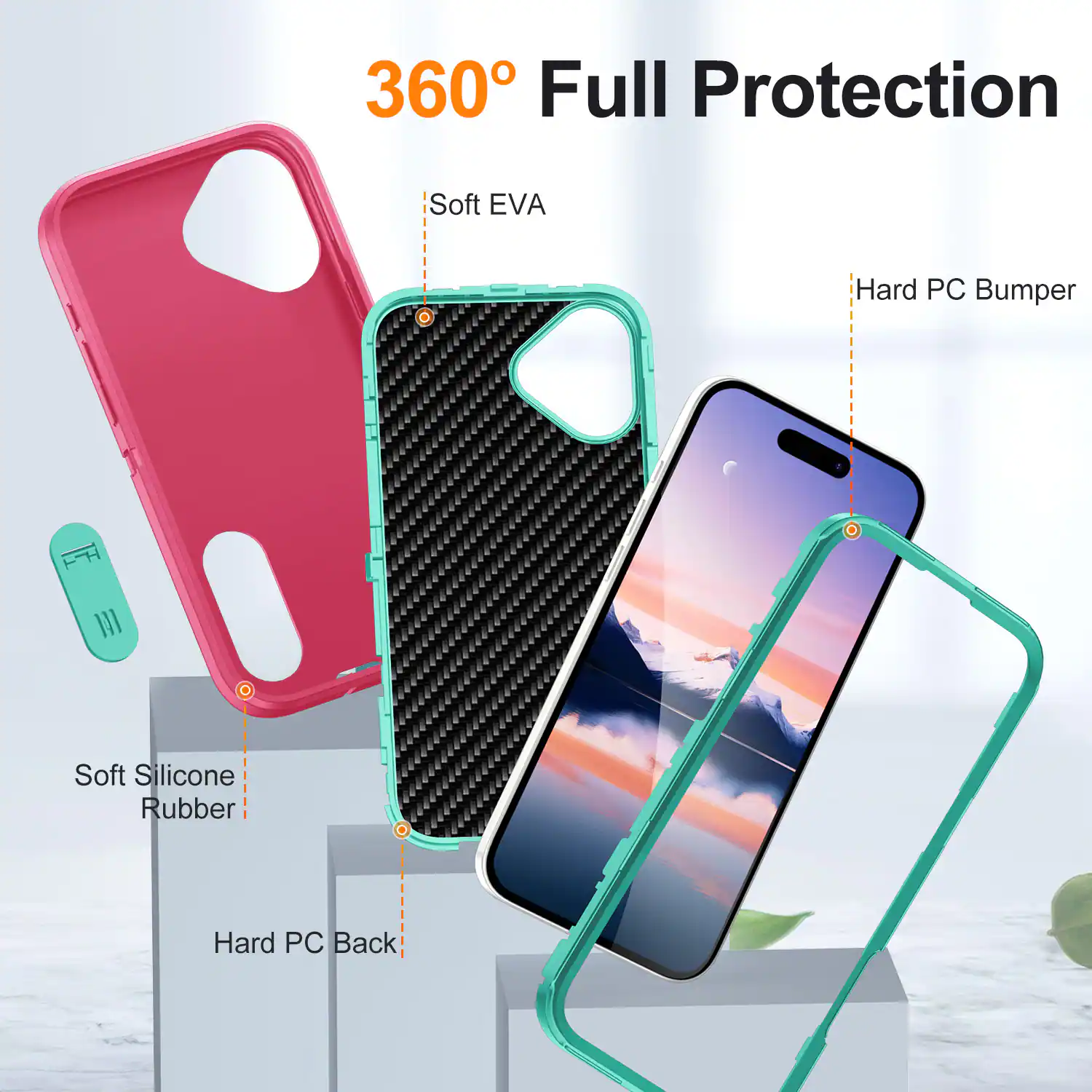 360° Full Protection

- Soft EVA
- Hard PC Bumper
- Soft Silicone Rubber
- Hard PC Back