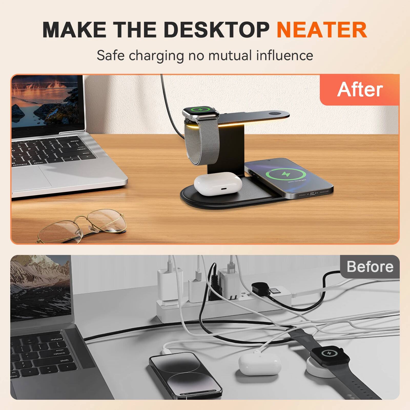 MAKE THE DESKTOP NEATER  
Safe charging no mutual influence  

After  
Before