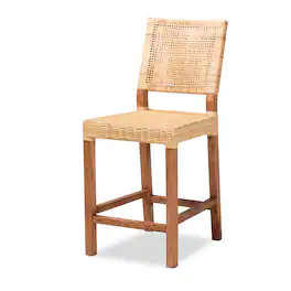 bali & pari - Lesia Modern Bohemian Natural Rattan and Walnut Mahogany Wood Counter Stool - Natural Brown/Walnut Brown