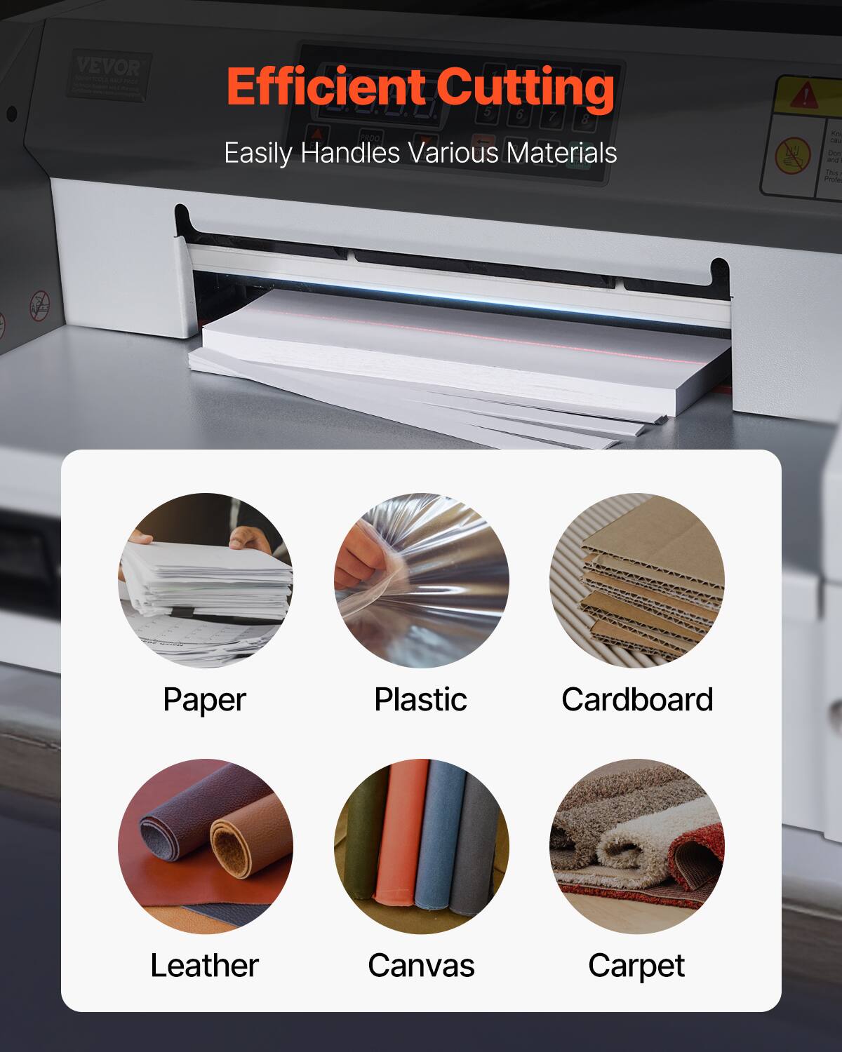 VEVOR 1 e - oe   ete oe Efficient Cutting 5 6 7 8 100 Easily Handles Various Materials ! KA - Don and Thes Prote Paper Plastic Cardboard Leather Canvas Carpet