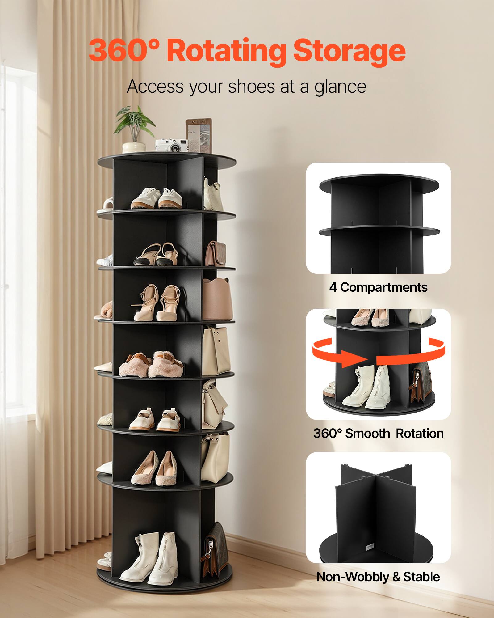 360° Rotating Storage  
Access your shoes at a glance  

4 Compartments  
360° Smooth Rotation  
Non-Wobbly & Stable