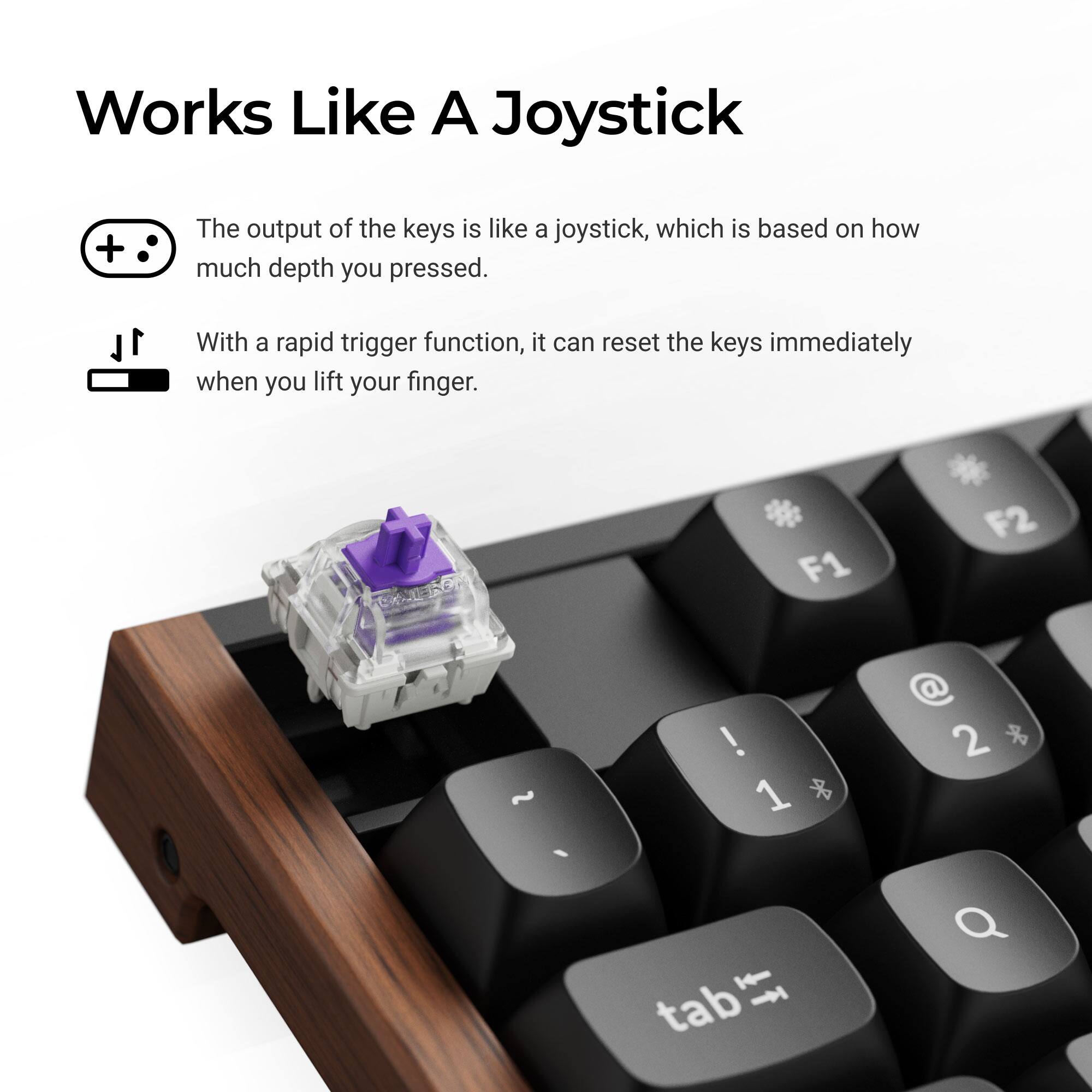 Works Like A Joystick

The output of the keys is like a joystick, which is based on how much depth you pressed.

With a rapid trigger function, it can reset the keys immediately when you lift your finger.