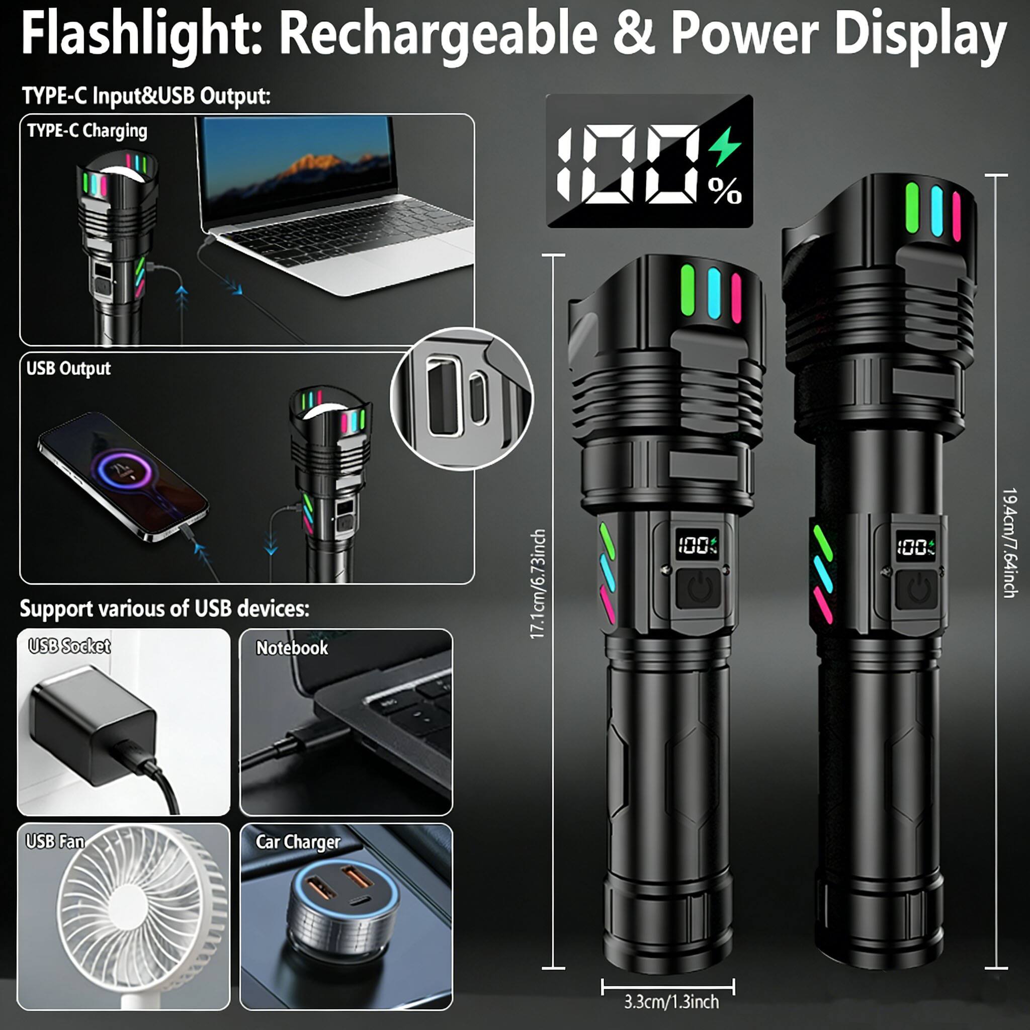 Flashlight: Rechargeable & Power Display

TYPE-C Input & USB Output:
- TYPE-C Charging
- USB Output

Support various of USB devices:
- USB Socket
- Notebook
- USB Fan
- Car Charger

Dimensions:
- 17.1cm / 6.73inch
- 19.4cm / 7.64inch
- 3.3cm / 1.3inch