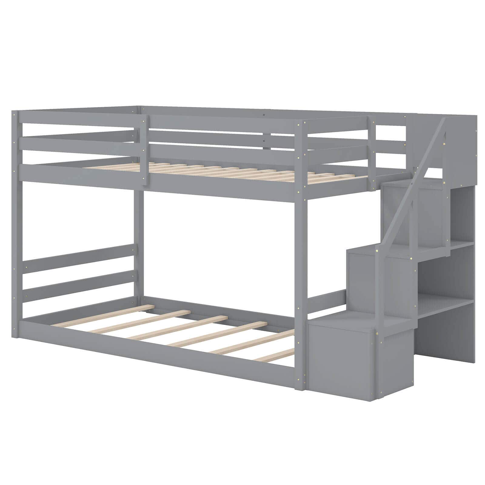 Front. Costway - Costway Twin Over Twin Low Bunk Bed Solid Wood Floor Bunk Bed Frame with Storage Stairs - Gray.