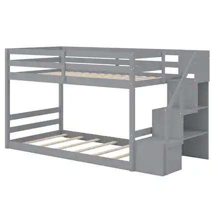 Front. Costway - Costway Twin Over Twin Low Bunk Bed Solid Wood Floor Bunk Bed Frame with Storage Stairs - Gray.