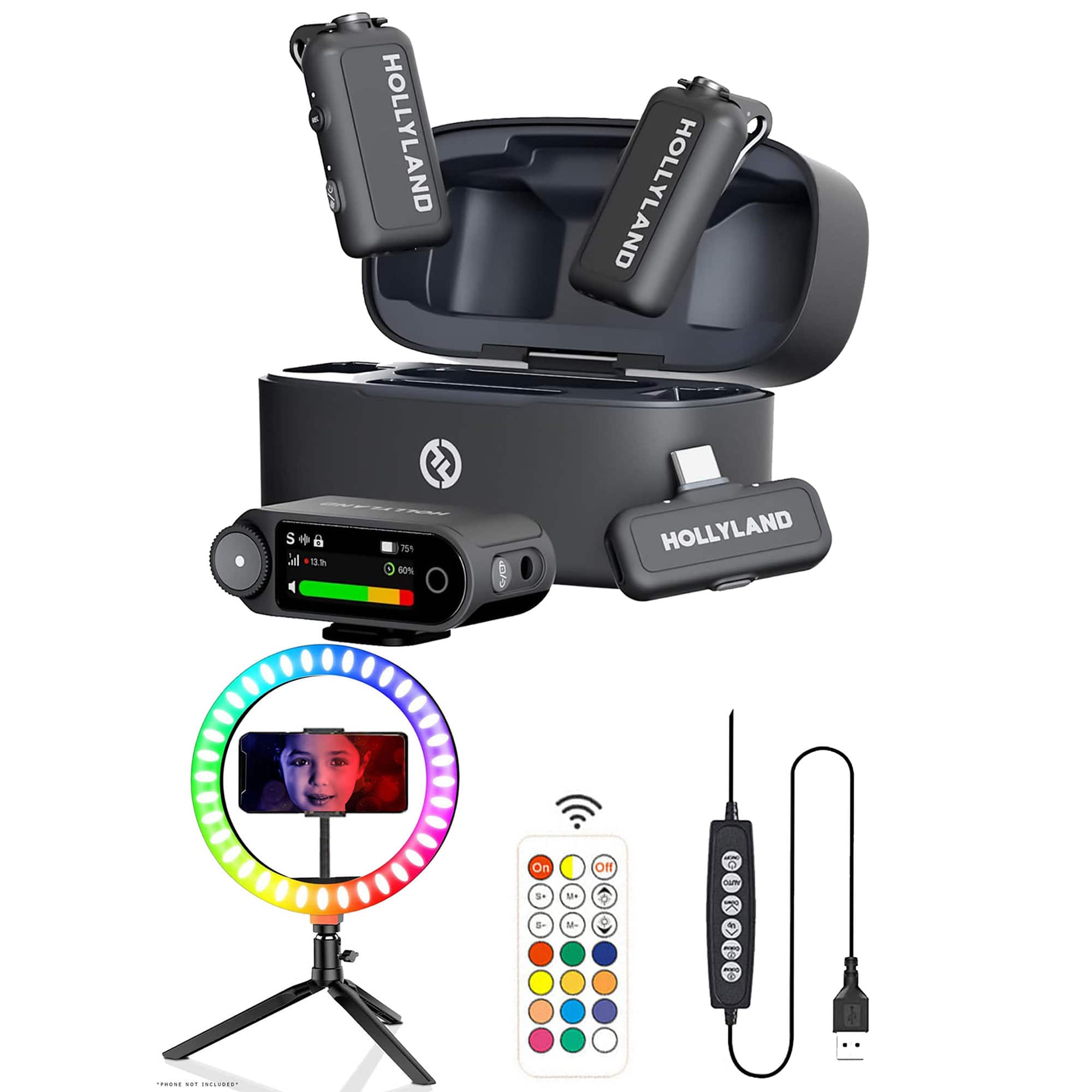 HOLLYLAND - LARK MAX 2 Wireless Mic Cameras & Mobile + 10" RGB Ring Light & Tripod - Black