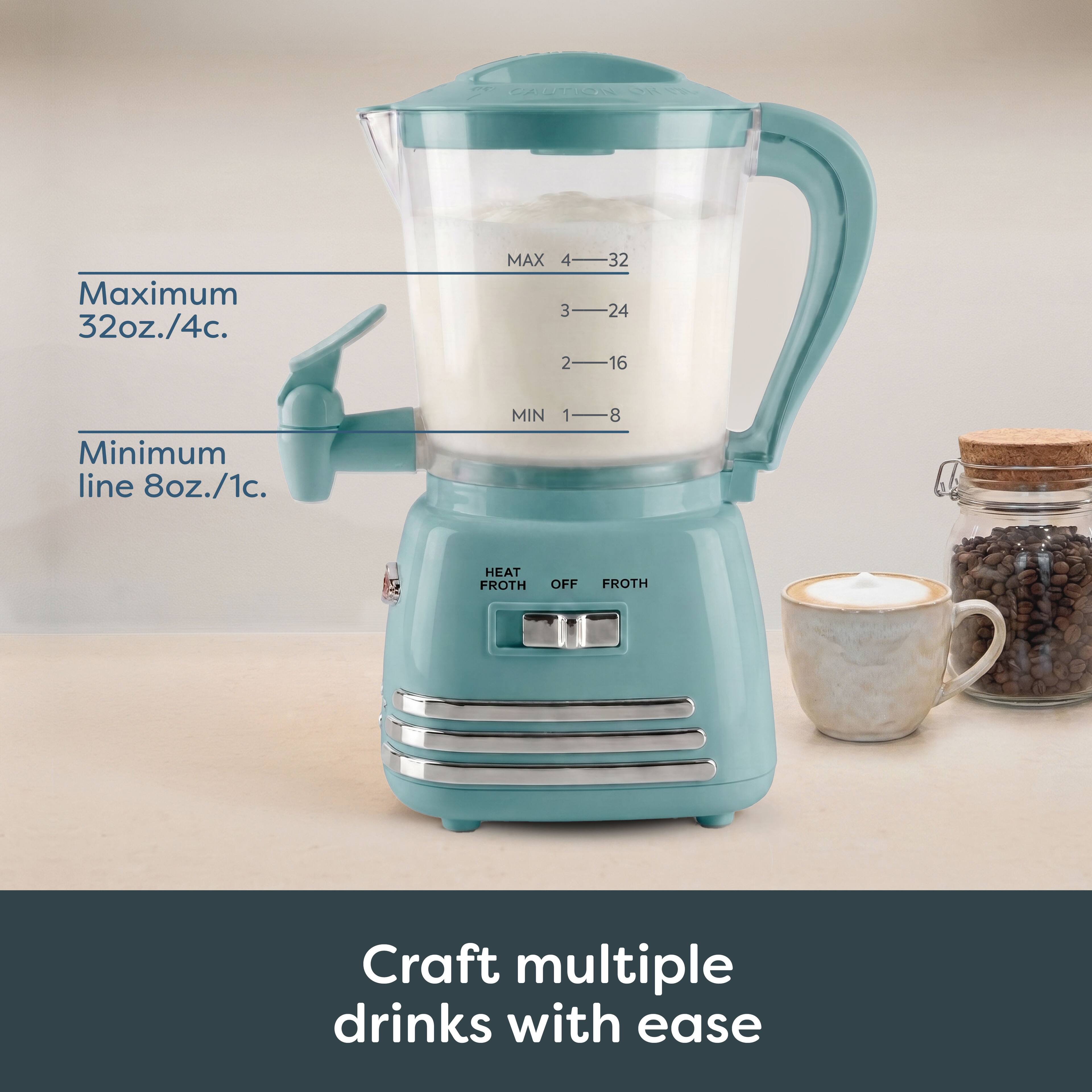 CAUTION OR VIL

Maximum 32oz./4c.
MAX 4 32 3 24 2 16 1 8
Minimum line 8oz./1c.
MIN 1-8
HEAT FROTH
OFF FROTH

Craft multiple drinks with ease