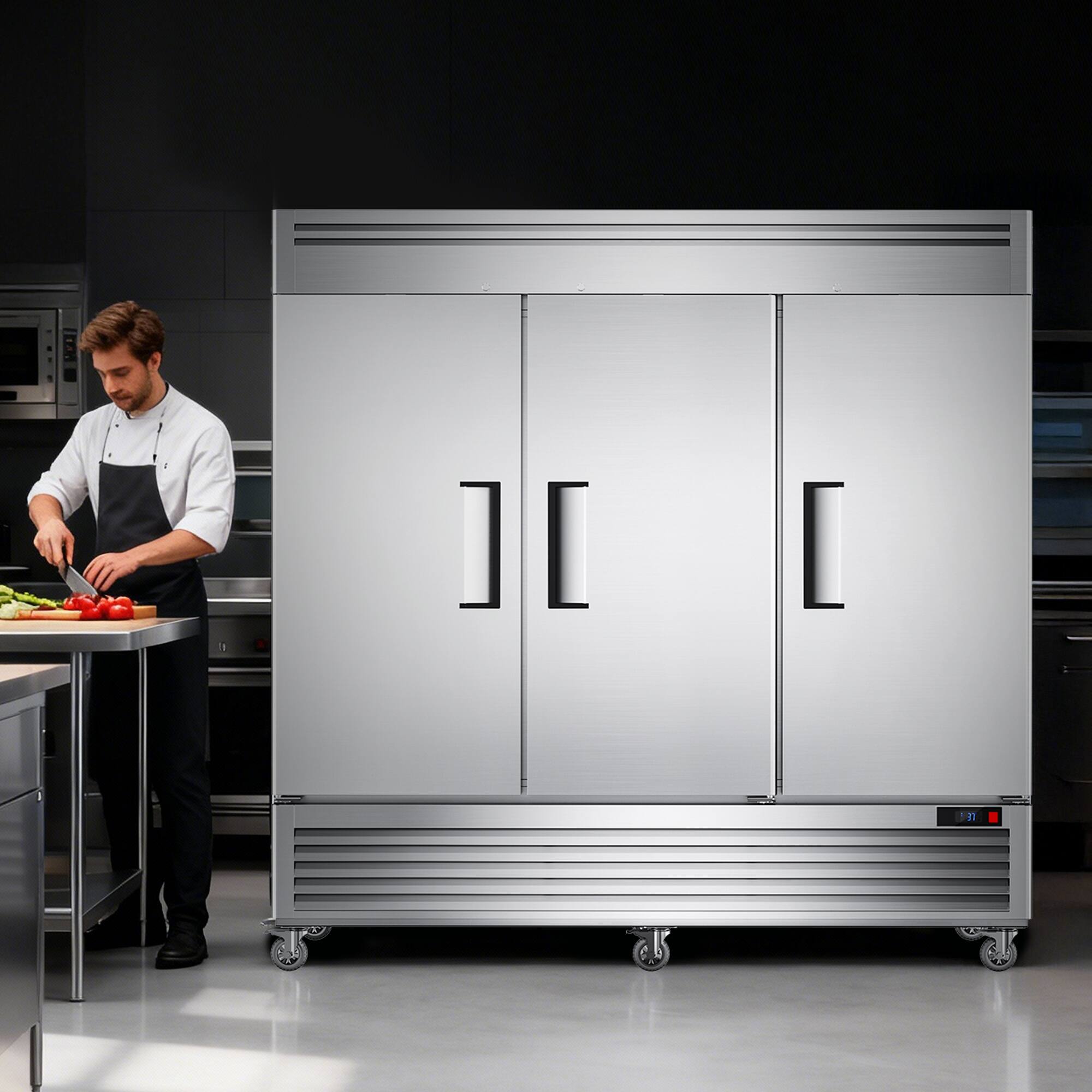 Left. Coolake - Coolake 82" Width 72 Cu.ft Commercial Reach-in Refrigerator 3 Solid Doors in Stainless Steel with LED Lighting - Stainless Steel.