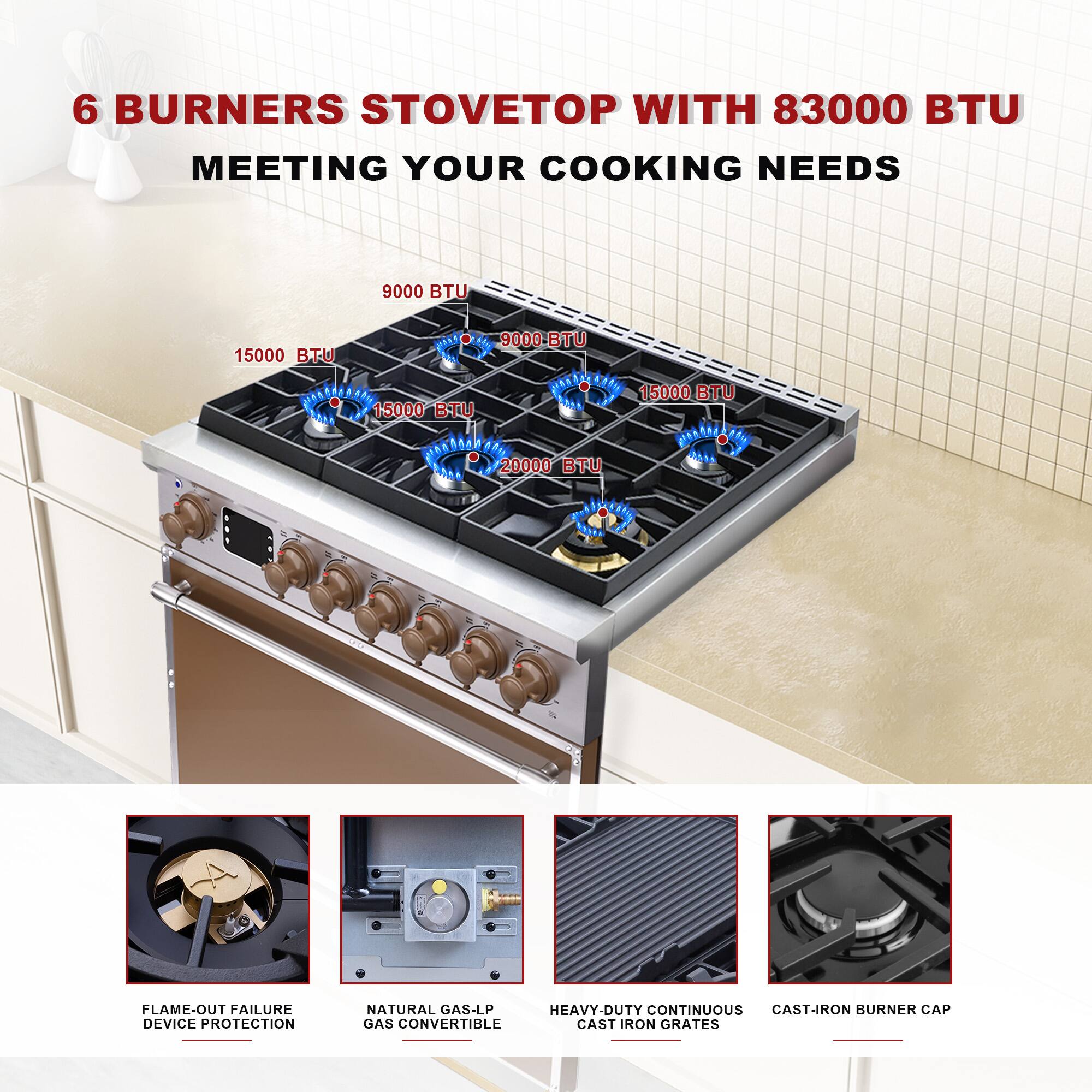 6 Burners Stovetop with 83000 BTU Meeting Your Cooking Needs

- 9000 BTU
- 15000 BTU
- 15000 BTU
- 15000 BTU
- 20000 BTU

Features:
- Flame-Out Failure Device Protection
- Natural Gas-LP Gas Convertible
- Heavy-Duty Continuous Cast-Iron Grates
- Cast-Iron Burner Cap