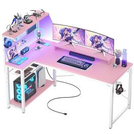 Hirose Alice - Small Gaming Desk With Power Outlets Pegboard Led Light L Shaped Computer Monitor Stand Storage Shelves - Carbon Fiber Pink-51 inch
