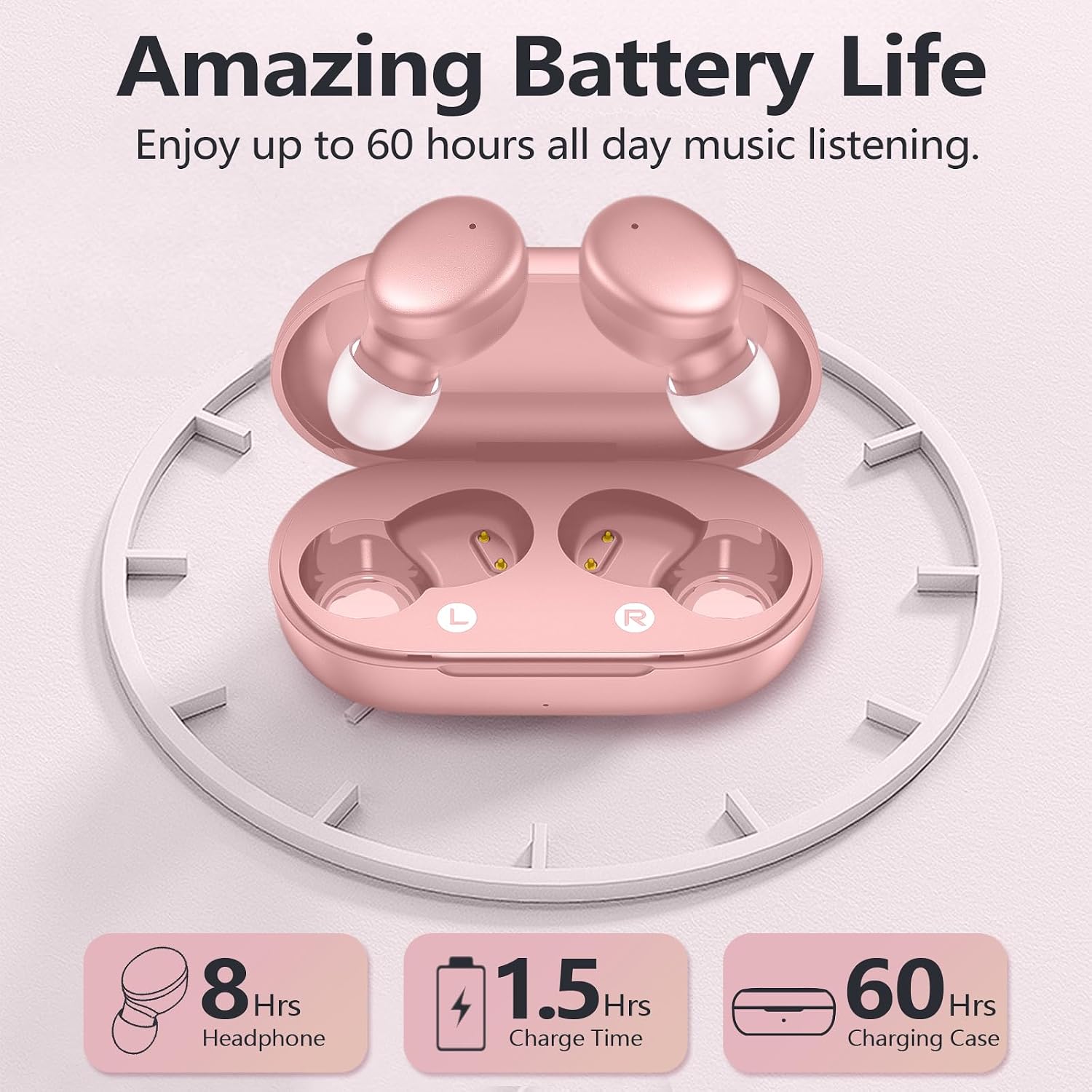 Amazing Battery Life  
Enjoy up to 60 hours all day music listening.  
8 Hrs Headphone  
1.5 Hrs Charge Time  
60 Hrs Charging Case