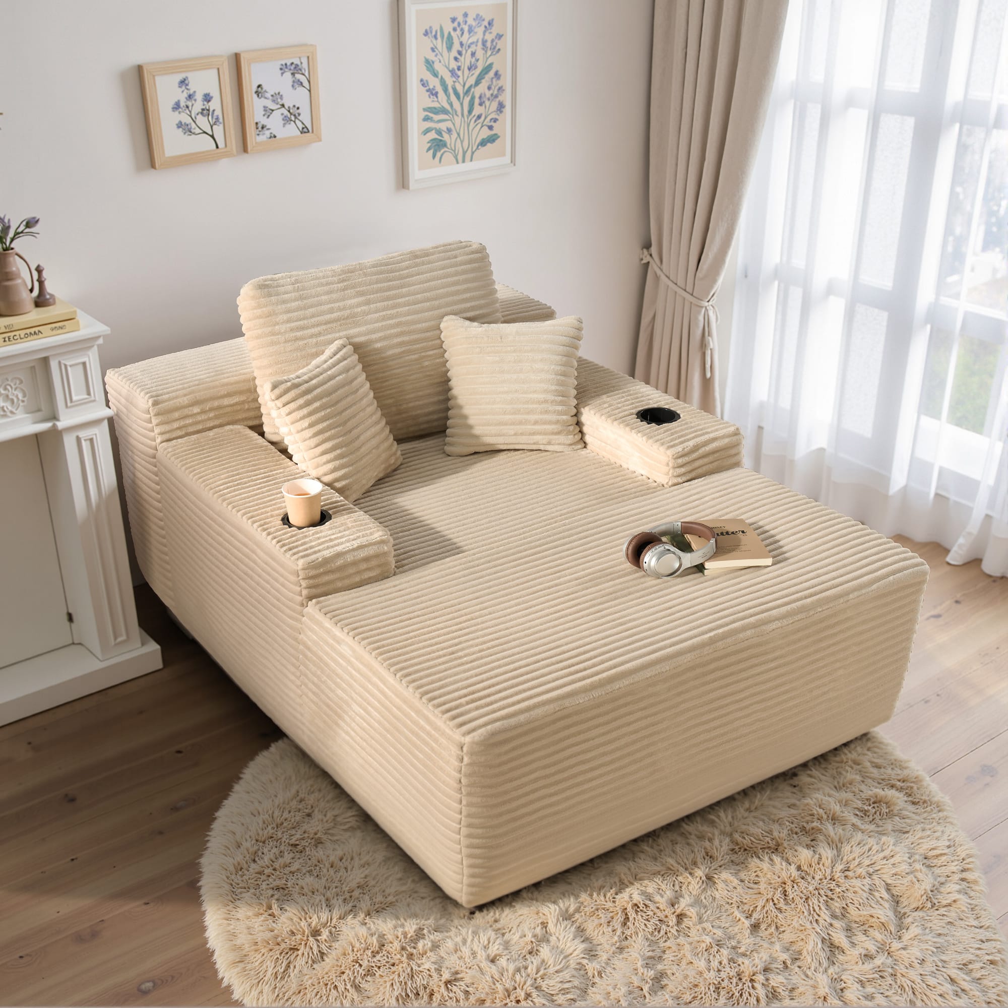 Ovios - 67'' Fluffy Chaise Lounge Chair, Sofa Bed with Cup Holders, Sleeper Couch for Living Room - Beige(Plush Corduroy)