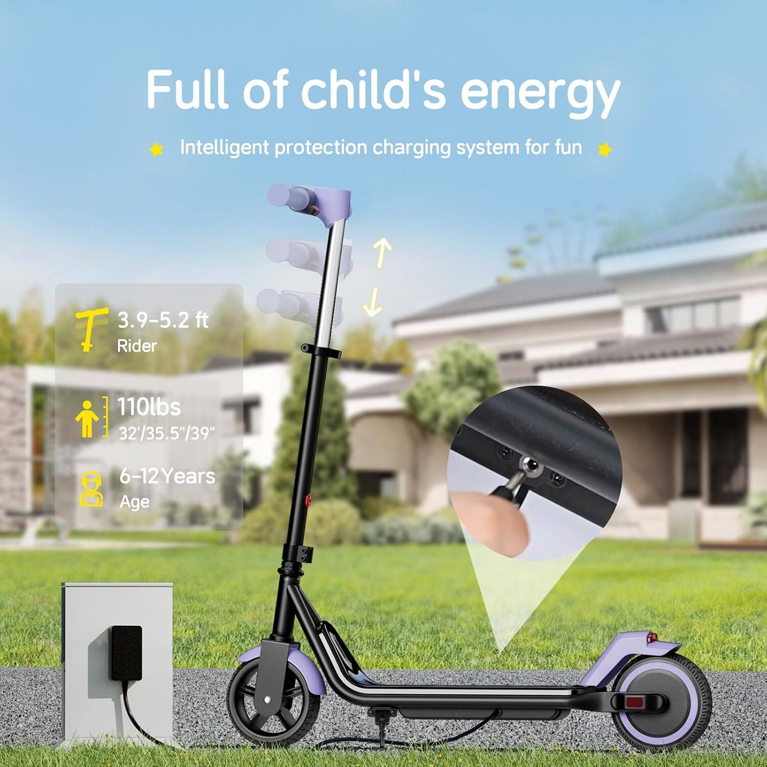 Full of child's energy  
Intelligent protection charging system for fun  

3.9-5.2 ft Rider  
110 lbs  
32"/35.5"/39"  
6-12 Years Age