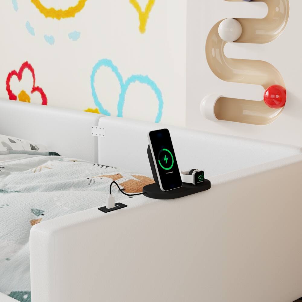 Alt View 1. Loheer - Loheer Twin Upholstered Platform Bed White Twin Bed with Guardrail and Charging Station - White.