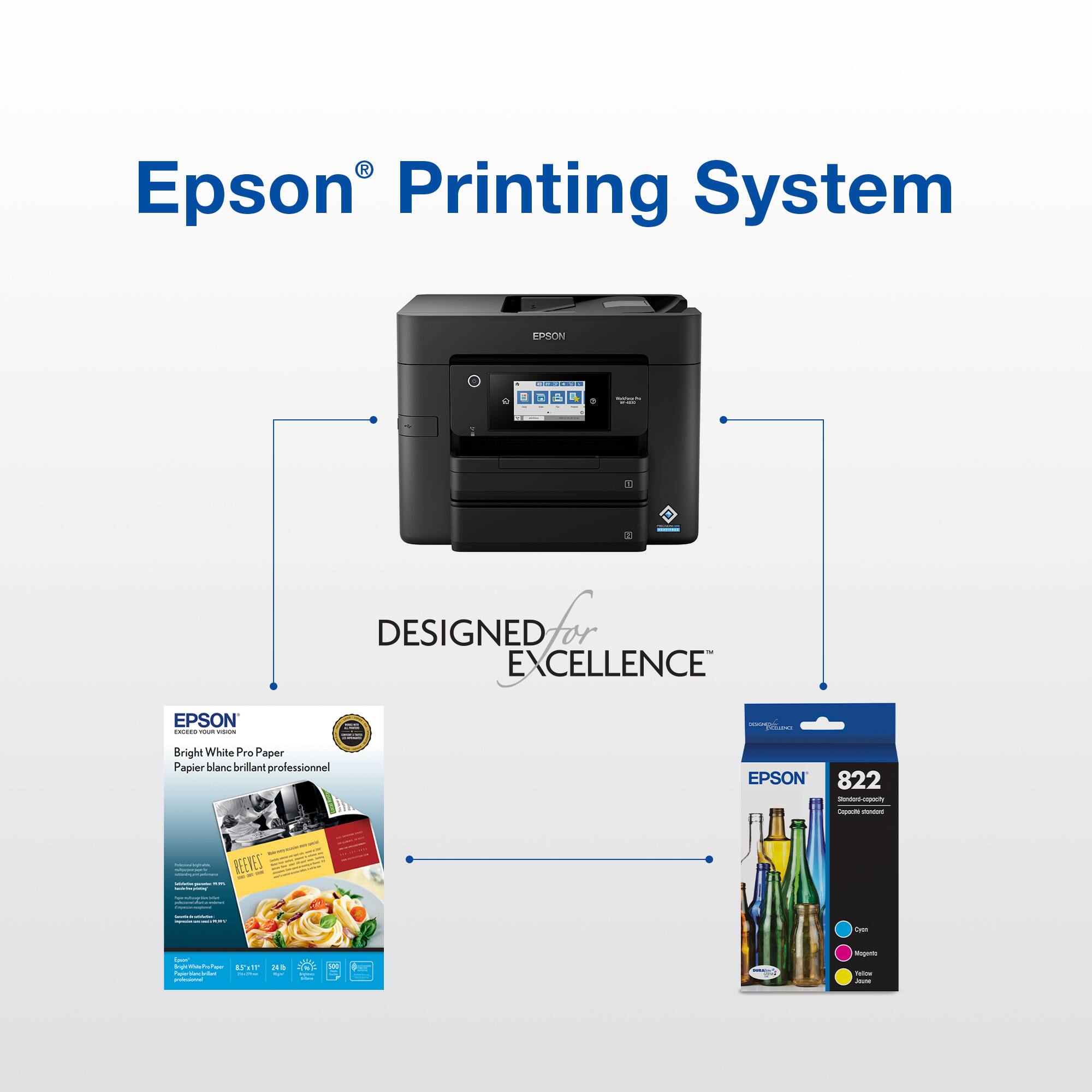 EPSON Printing System: Designed for Excellence. Bright White Pro Paper. EPSON 822 Ink Cartridges.