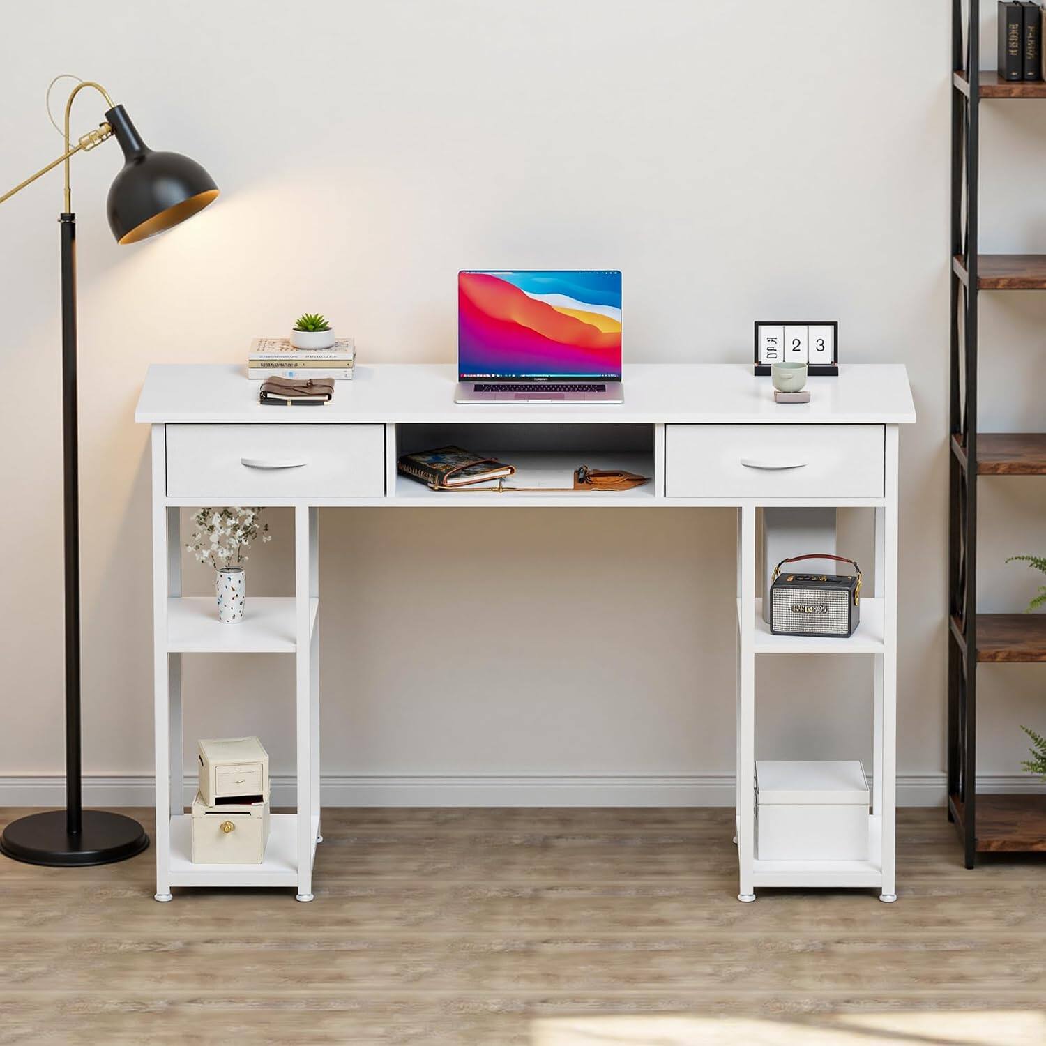 Back. Sweet - 48 Inch Home Office Desk with Fabric Drawers, Study Computer Desk Writing Table for Small Space, White - White.