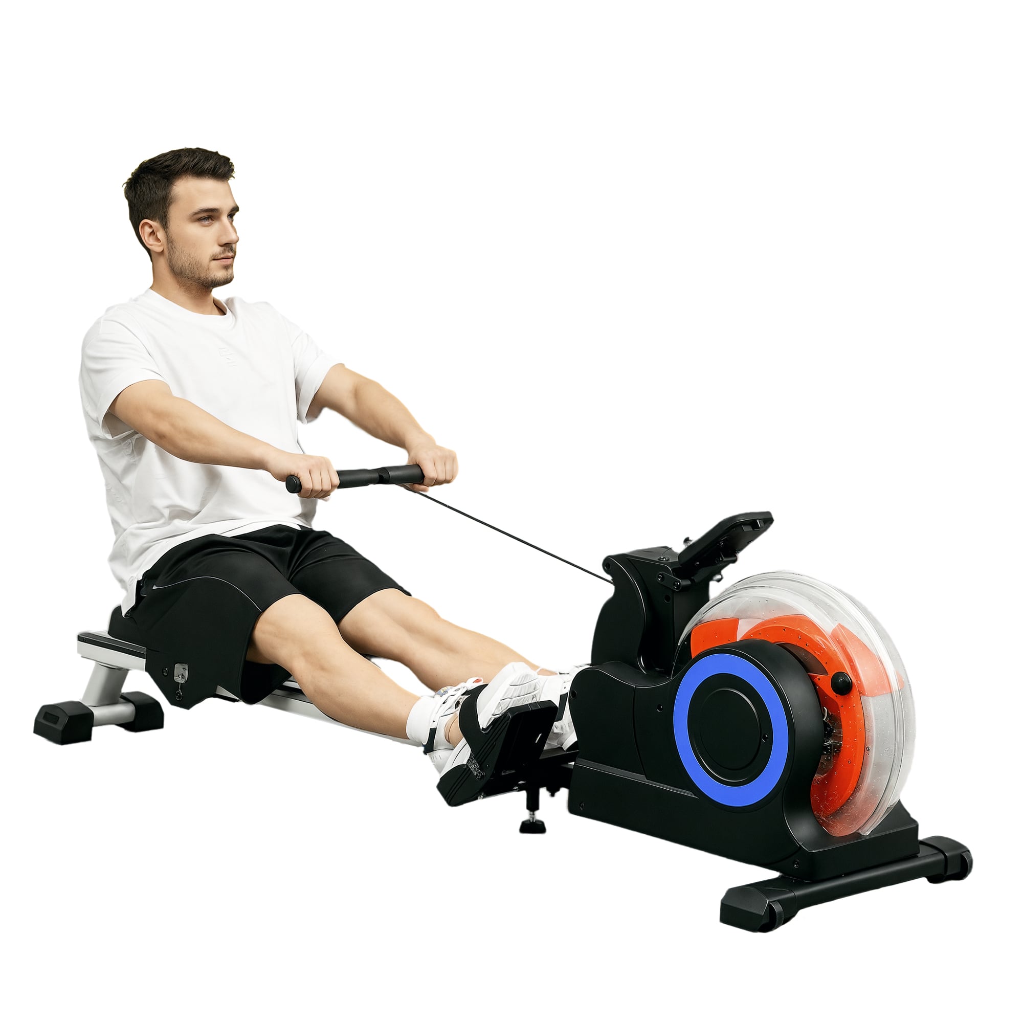 Soozier - Water Rowing Machine for Home, Foldable Rower Machine with Adjustable Resistance, Wheels, LCD Monitor - Blue