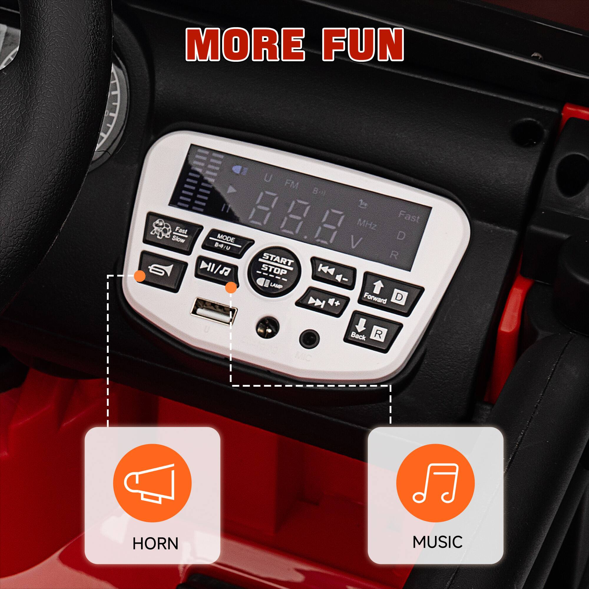 MORE FUN

U FM 8.8 MHz Fast D R

START STOP

MODE B/H/L/U

Forward D Back R

HORN MUSIC