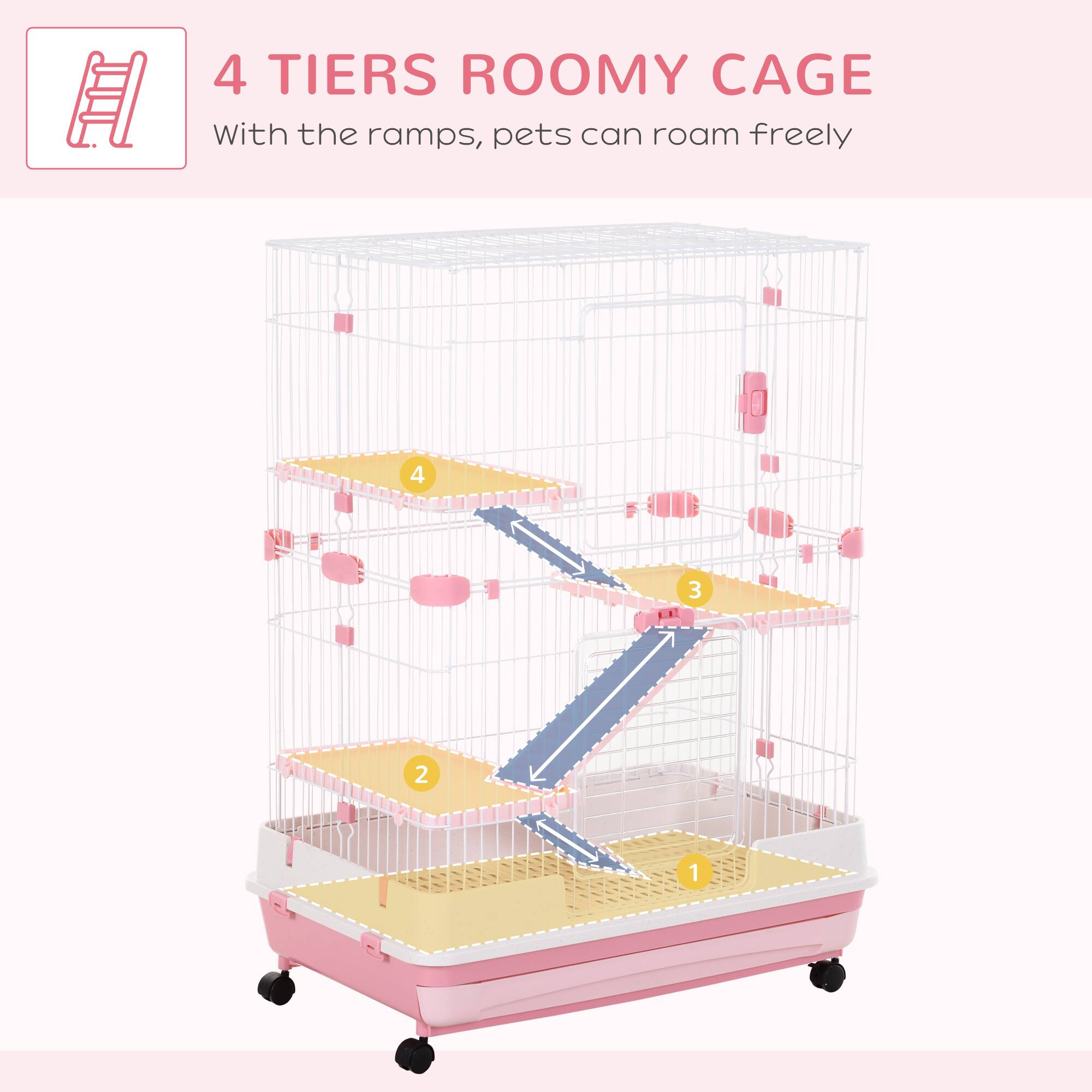 4 Tiers Roomy Cage  
With the ramps, pets can roam freely