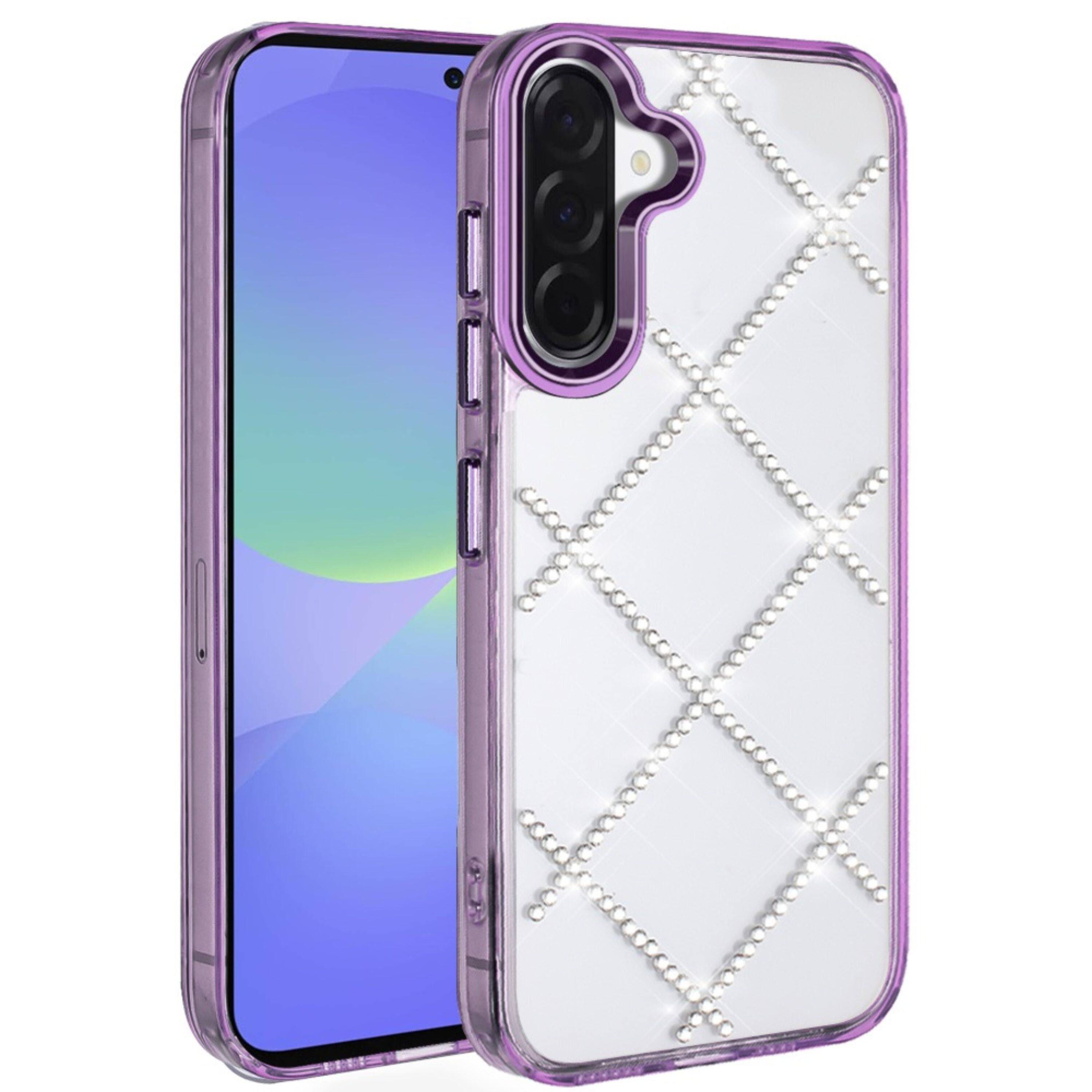 Front. Kitcheniva - Sparkling Rhinestone Diamond Pattern Phone Cover With Tempered Glass For Samsung A37 Dark Purple - Dark Purple.