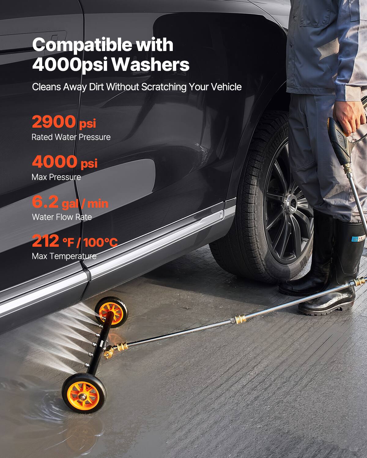 Compatible with 4000psi Washers  
Cleans Away Dirt Without Scratching Your Vehicle  

2900 psi  
Rated Water Pressure  

4000 psi  
Max Pressure  

6.2 gal/min  
Water Flow Rate  

212 °F / 100°C  
Max Temperature