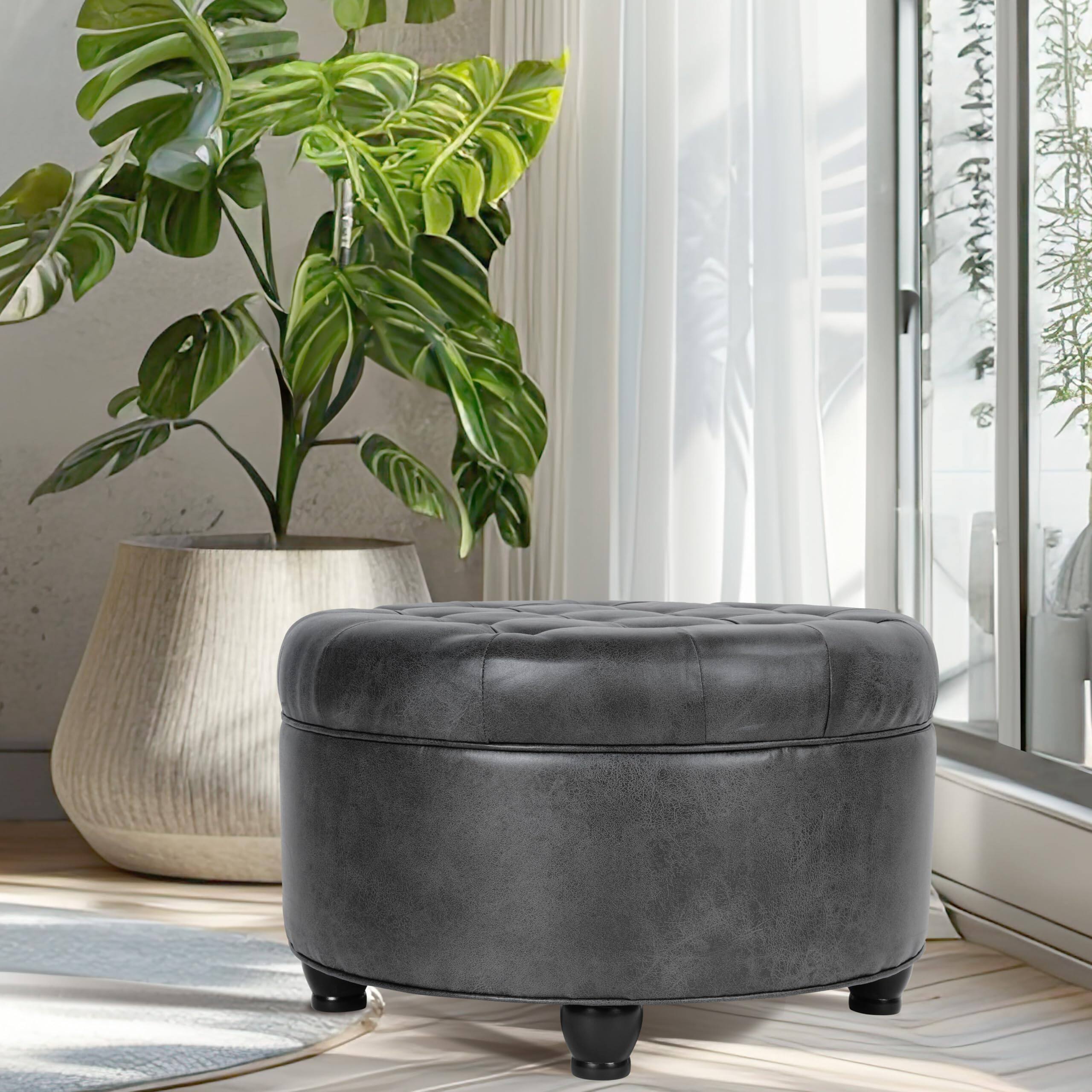 Left. JETRANSPORT - Home Decor |button Tufted Faux Leather Round Storage Ottoman Living Room Bedroom (gray) OTTOMAN - Tan and Cream Tweed.
