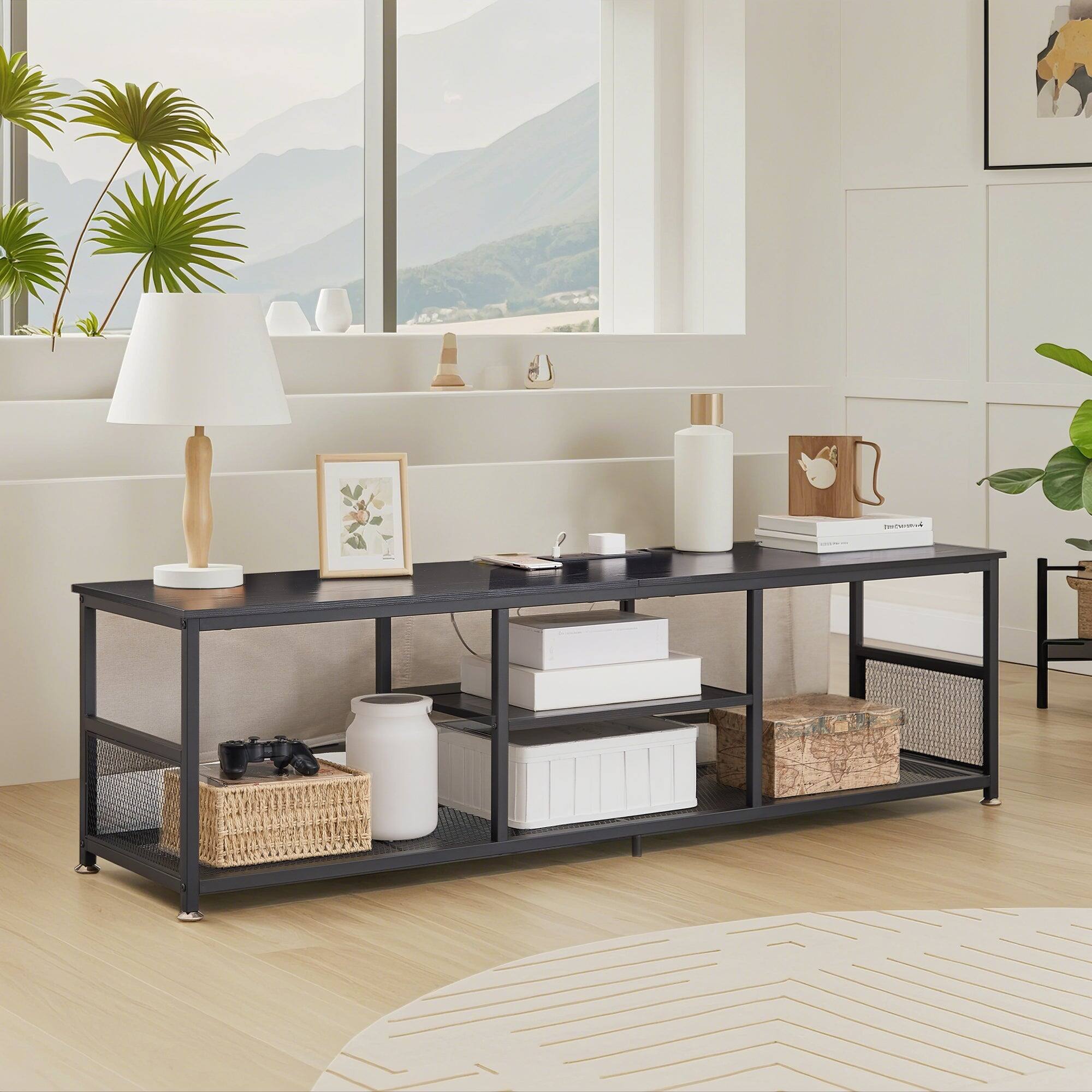 Alt View 1. Vecelo - Industrial TV Stand with Power Outlets and USB Ports – Modern Open Shelf Media Console Table for Living Room - 63" Black With Socket.