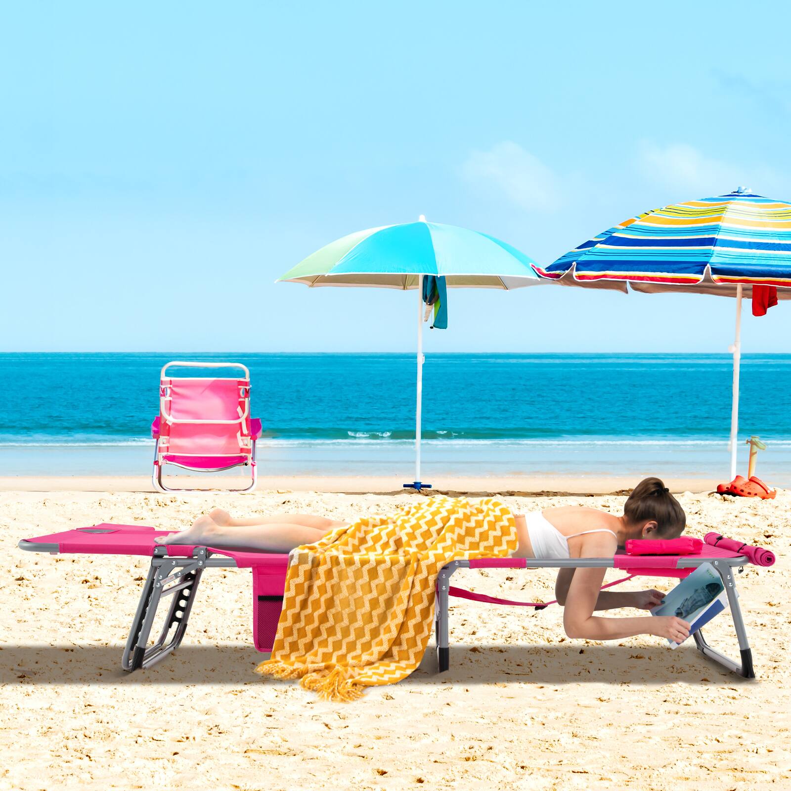 Alt View 3. Gymax - Gymax Outdoor Folding Chaise 5-Position Lounge Chair w/ Face Hole & Adjustable Footrest Pink - Pink.