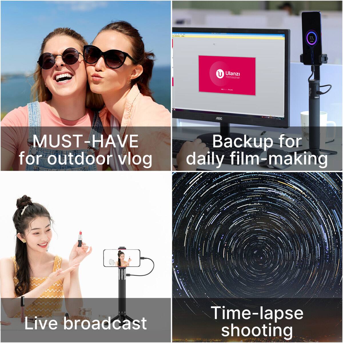 77. Ulanzi

MUST-HAVE for outdoor vlog  
Backup for daily film-making  
Live broadcast  
Time-lapse shooting
