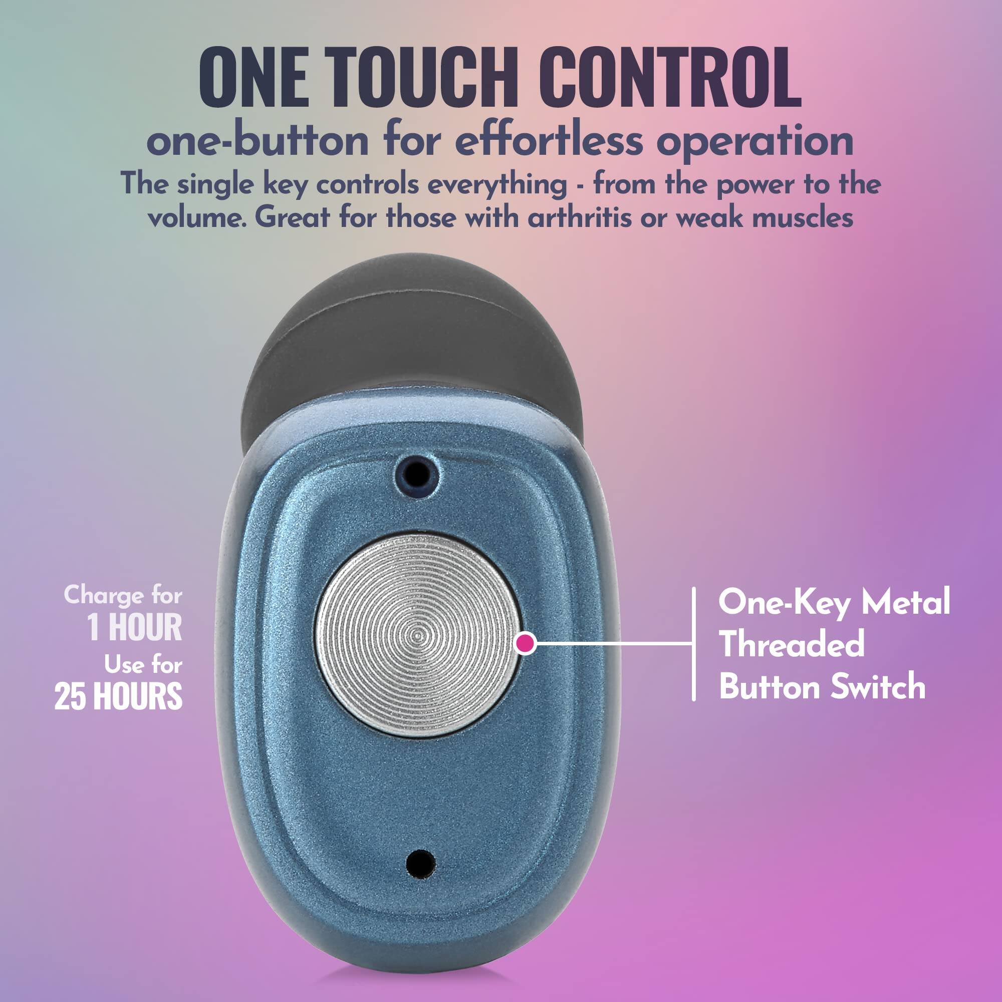 ONE TOUCH CONTROL  
one-button for effortless operation  
The single key controls everything - from the power to the volume. Great for those with arthritis or weak muscles  

Charge for 1 HOUR  
Use for 25 HOURS  

One-Key Metal Threaded Button Switch