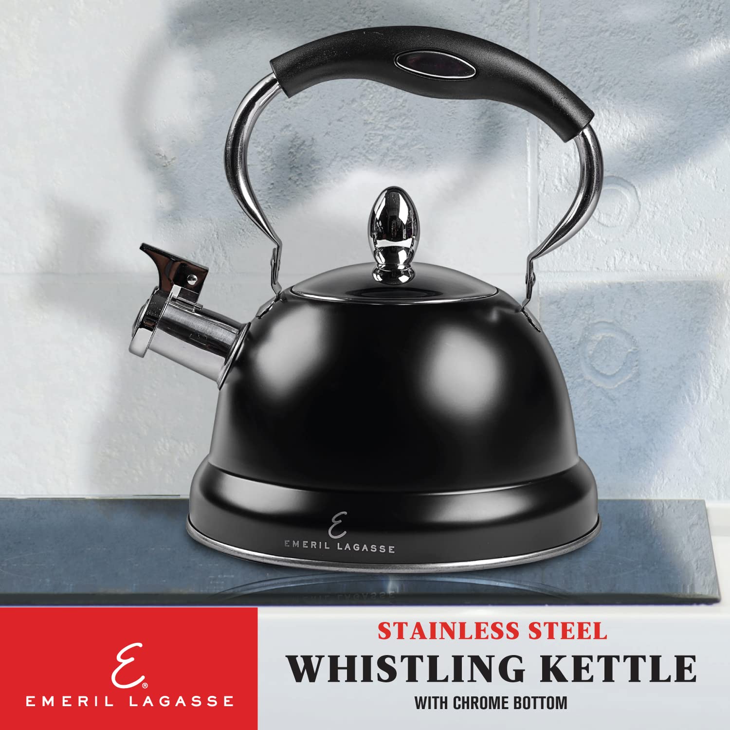 EMERIL LAGASSE STAINLESS STEEL WHISTLING KETTLE WITH CHROME BOTTOM