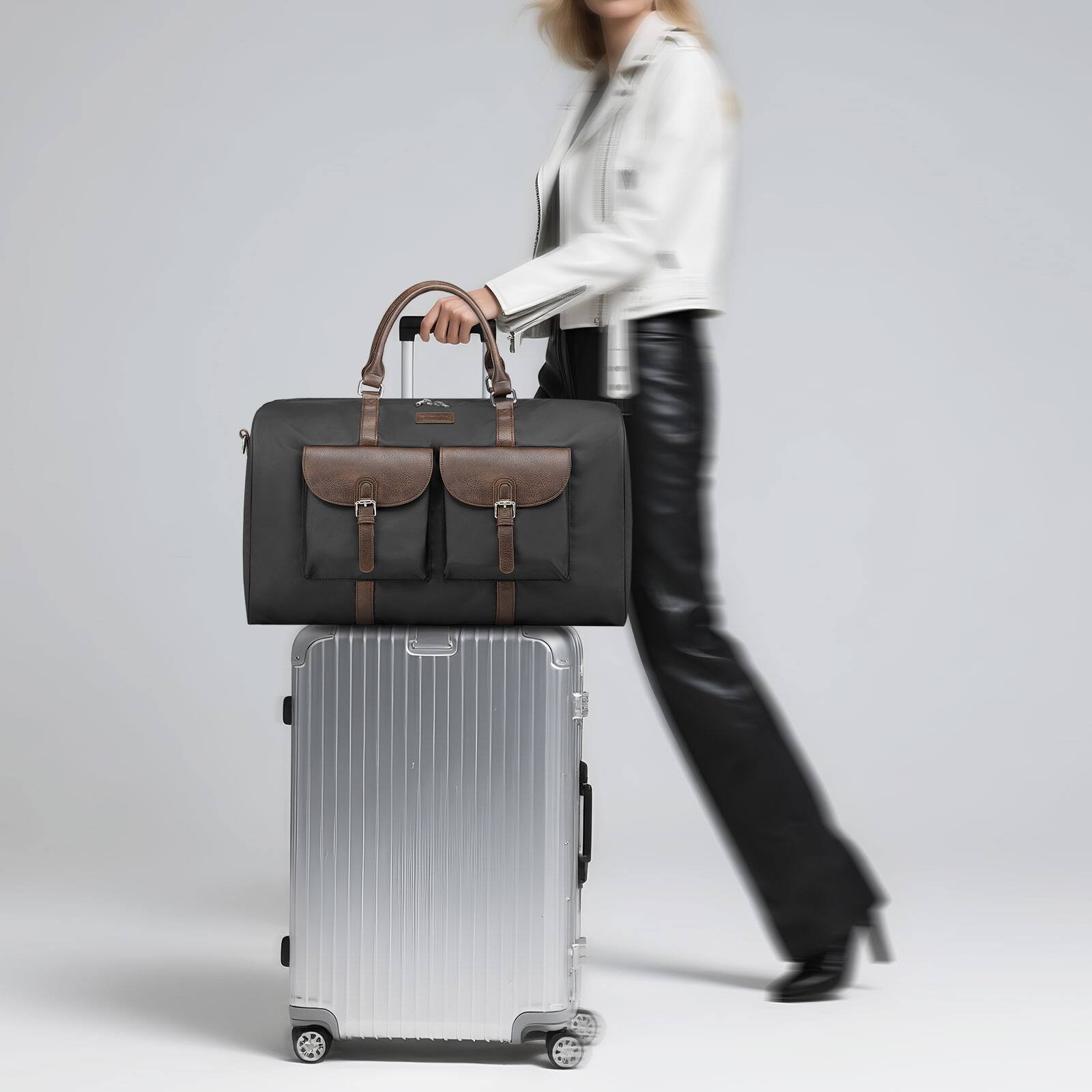 Alt View 7. Unique Bargains - 3pcs Lay-Flat Duffel Bag Set Stylish Weekend Travel Set with Laptop Sleeve & Wet/Dry Storage Carry-On & Short Getaways - Black.