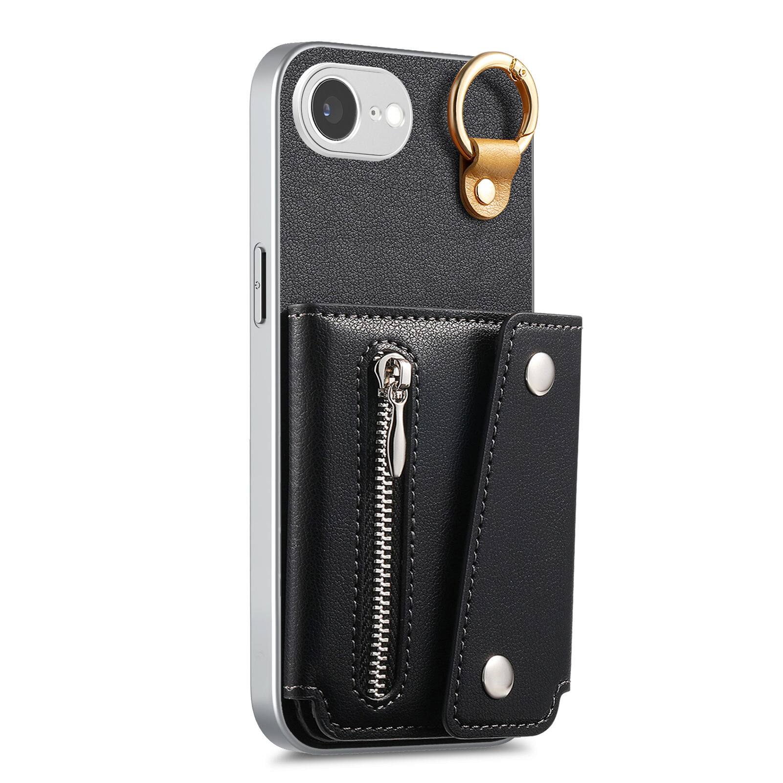 Angle. Dteck - PU Leather Zipper Wallet Phone Case for Apple iPhone 17e with Ring Buckle, Shockproof Kickstand Protective Cover - Black.