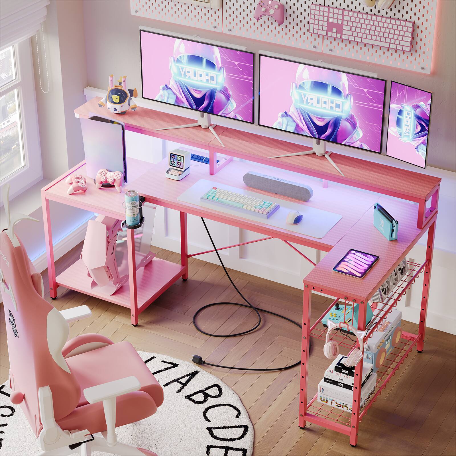 Bestier - 71.5inch L-Shaped Gaming Desk with Integrated LED Lighting and Power Outlet - Pink
